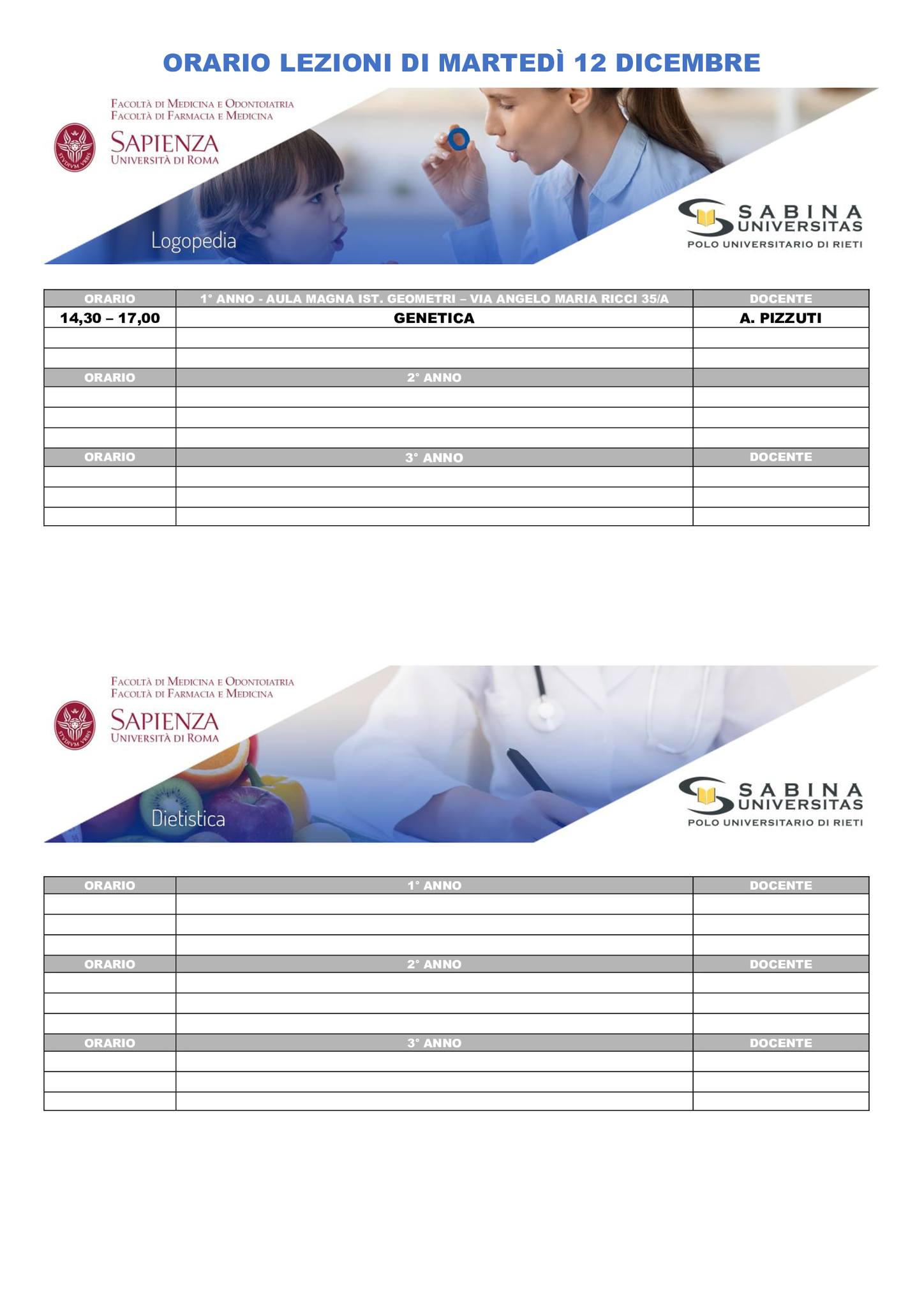 Professioni Sanitarie: orario lezioni di martedì 12 dicembre