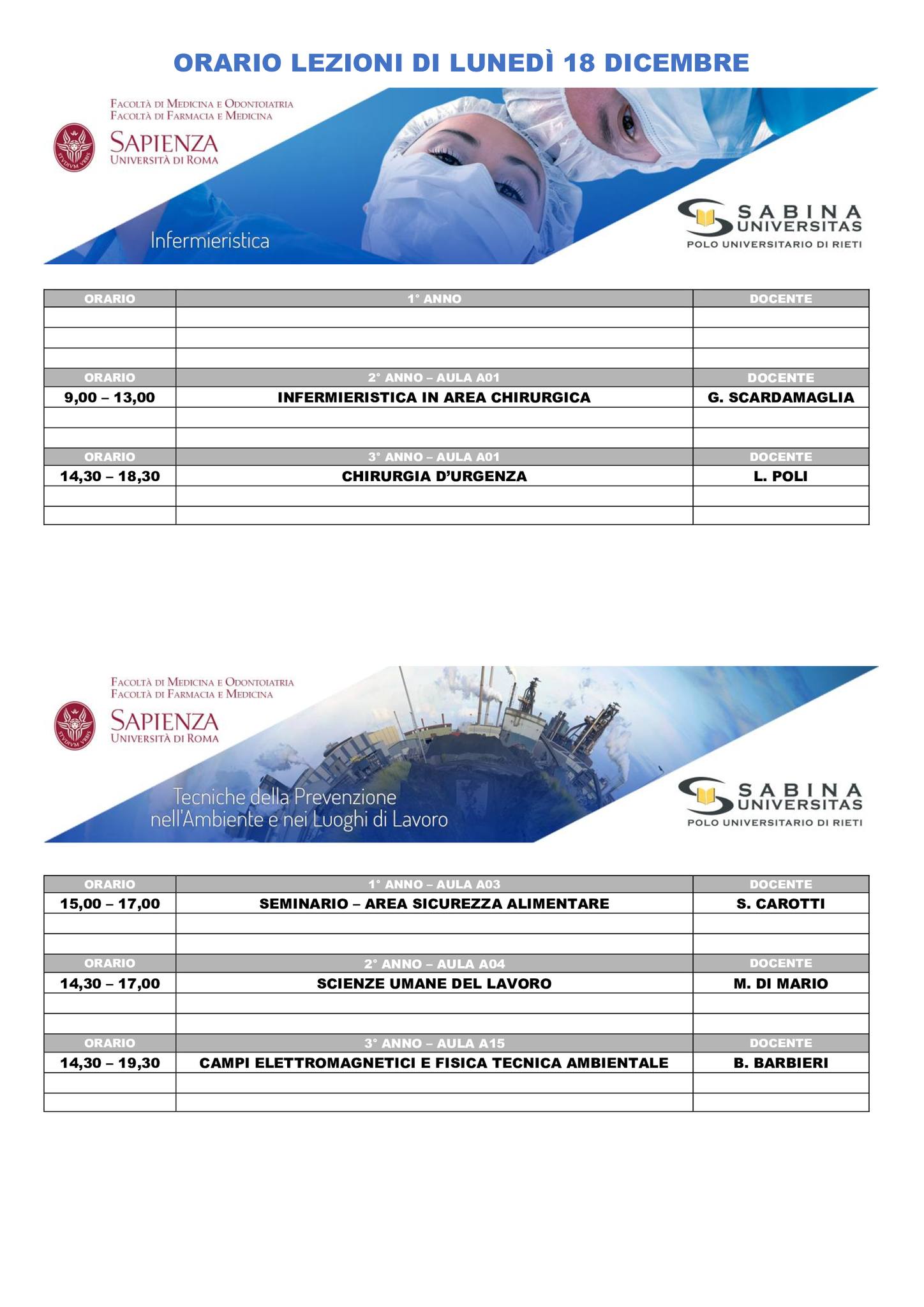 Professioni Sanitarie: orario lezioni di lunedì 18 dicembre