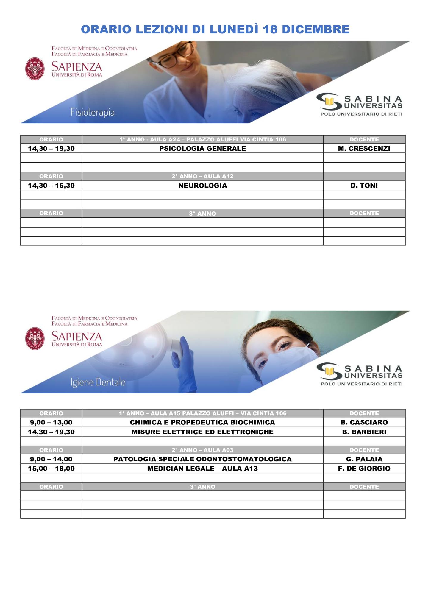 Professioni Sanitarie: orario lezioni di lunedì 18 dicembre