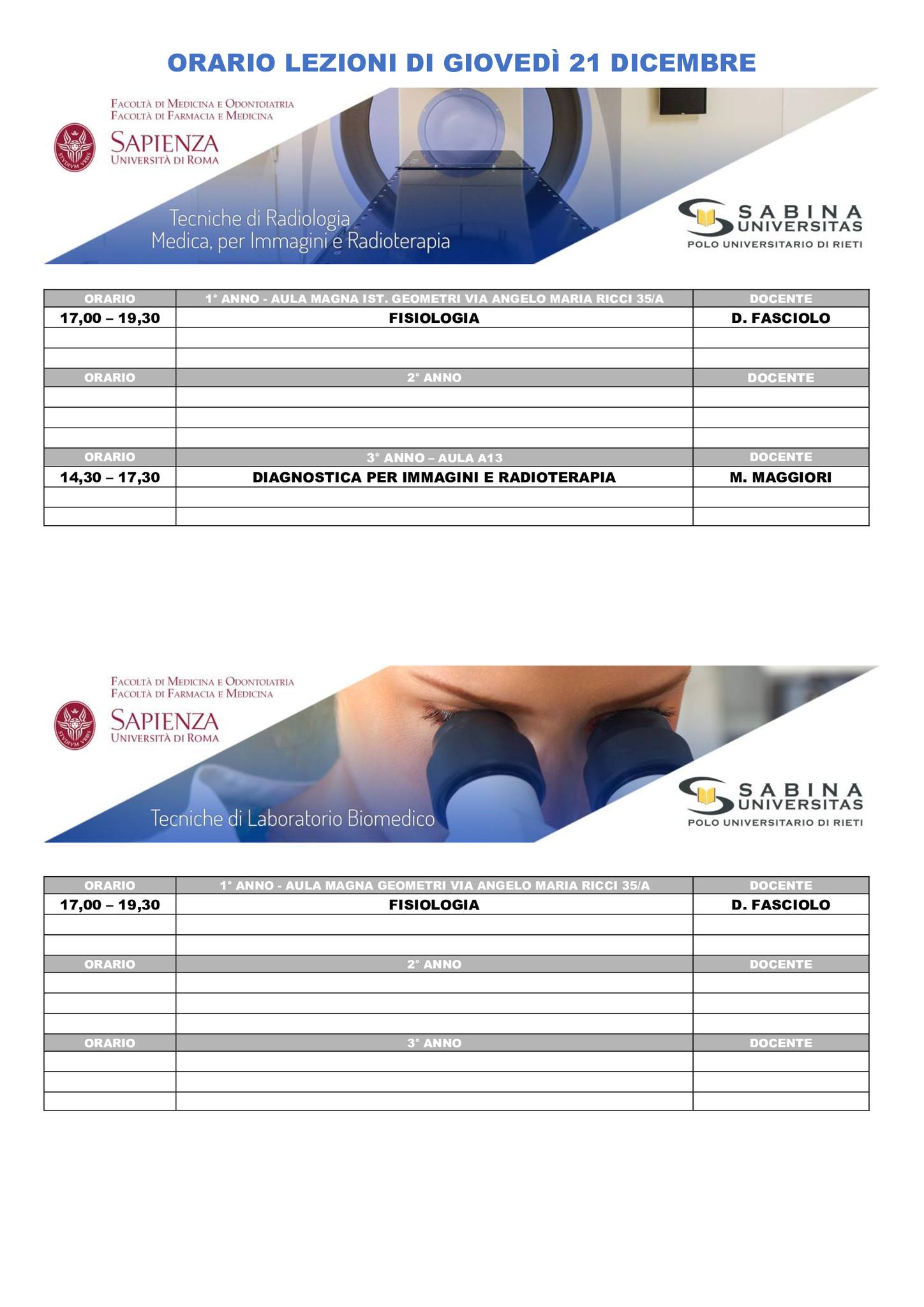 Professioni Sanitarie: orario lezioni di giovedì 21 dicembre