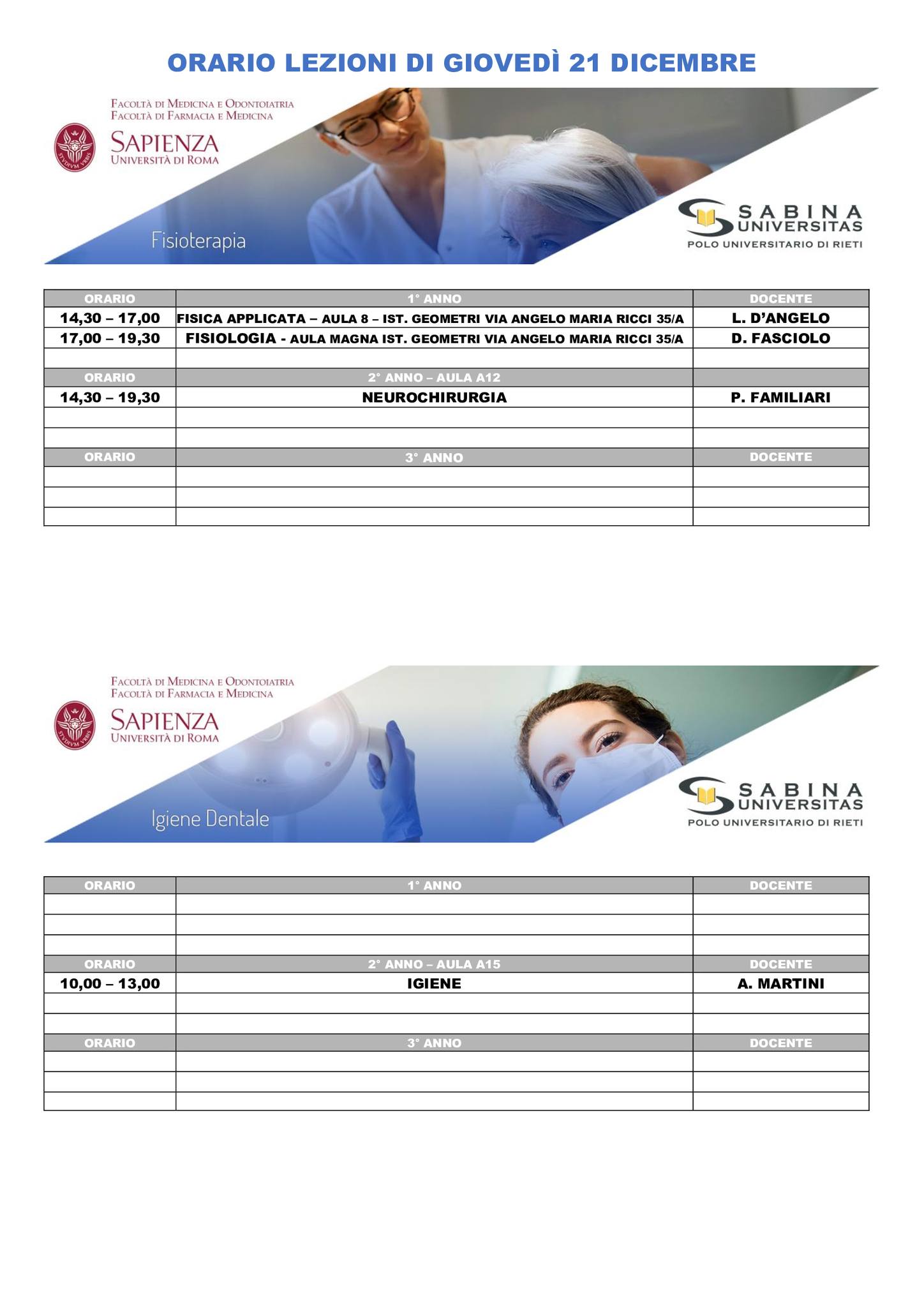 Professioni Sanitarie: orario lezioni di giovedì 21 dicembre