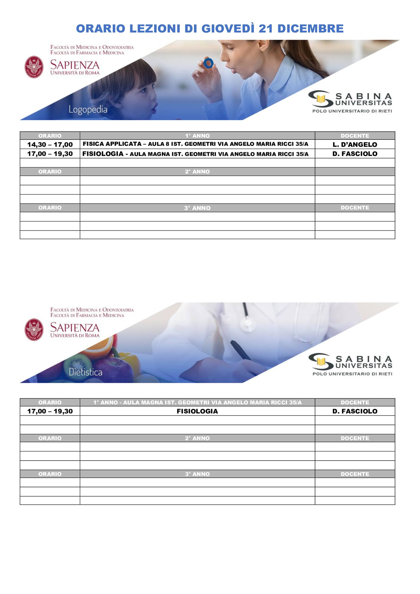 Professioni Sanitarie: orario lezioni di giovedì 21 dicembre