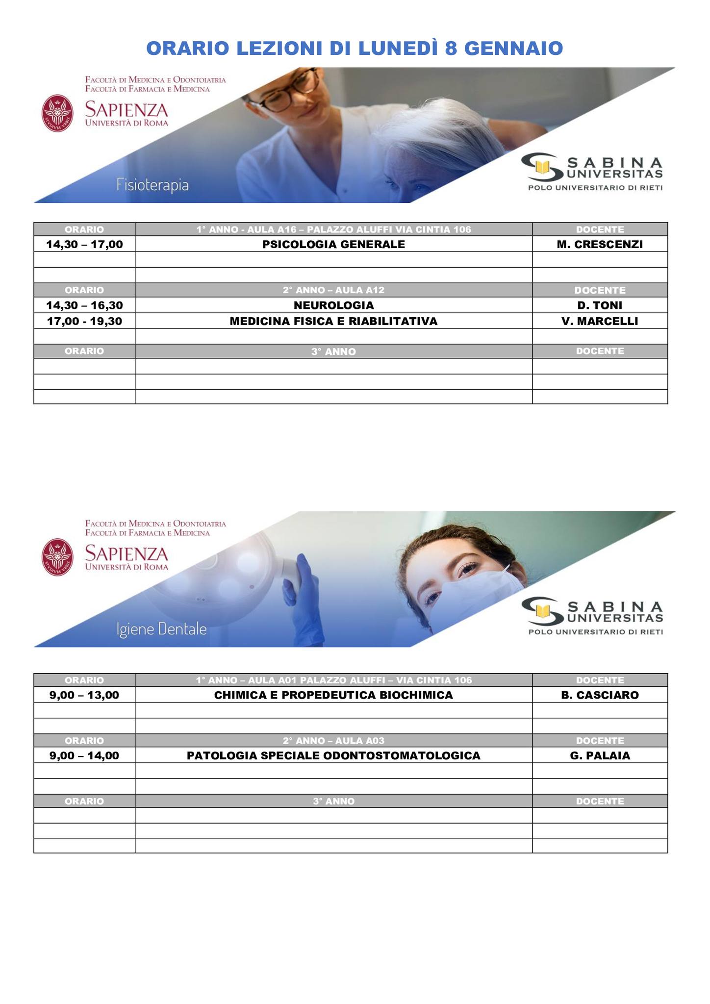 Professioni Sanitarie: orario lezioni di lunedì 8 gennaio