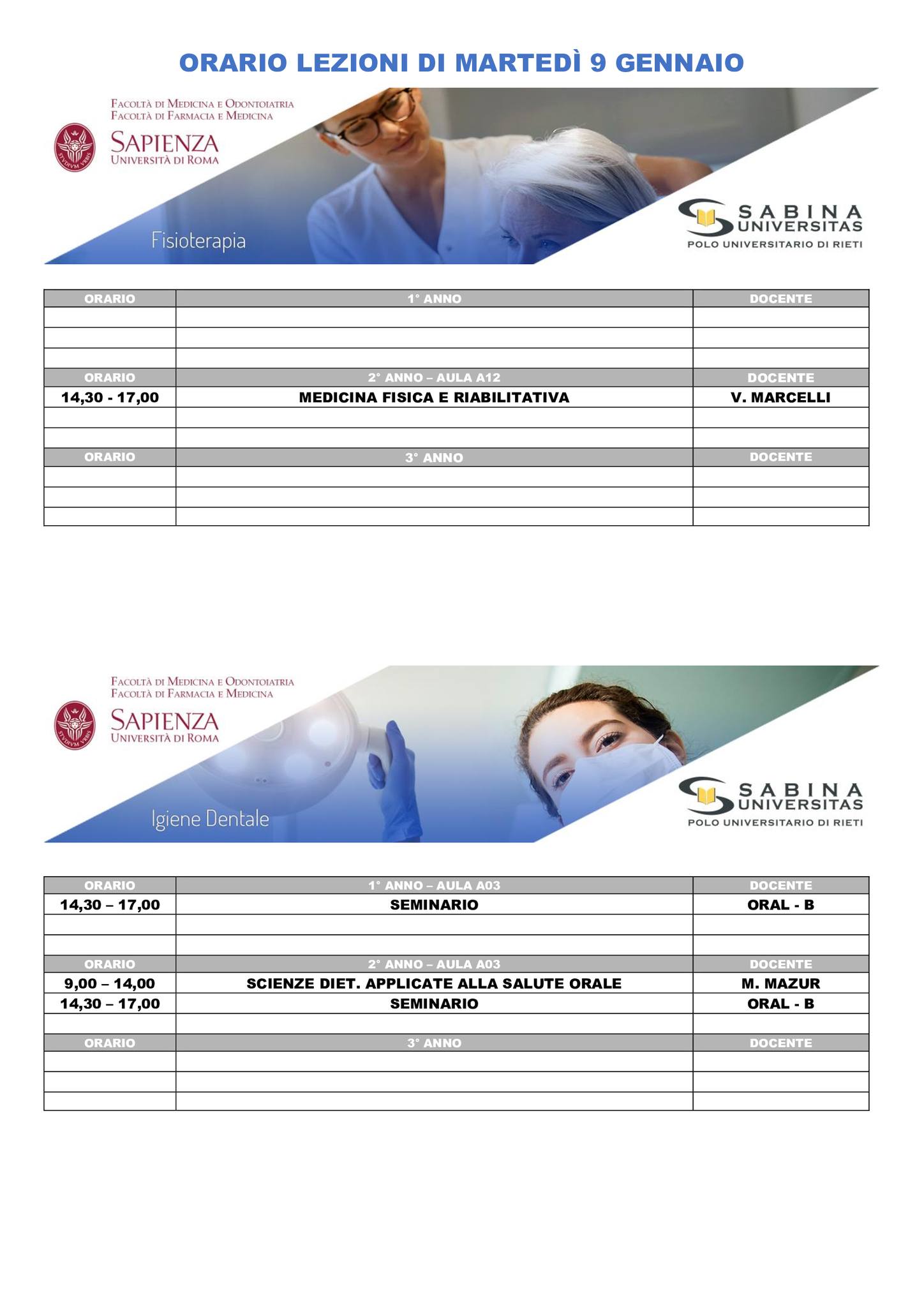 Professioni Sanitarie: orario lezioni di martedì 9 gennaio