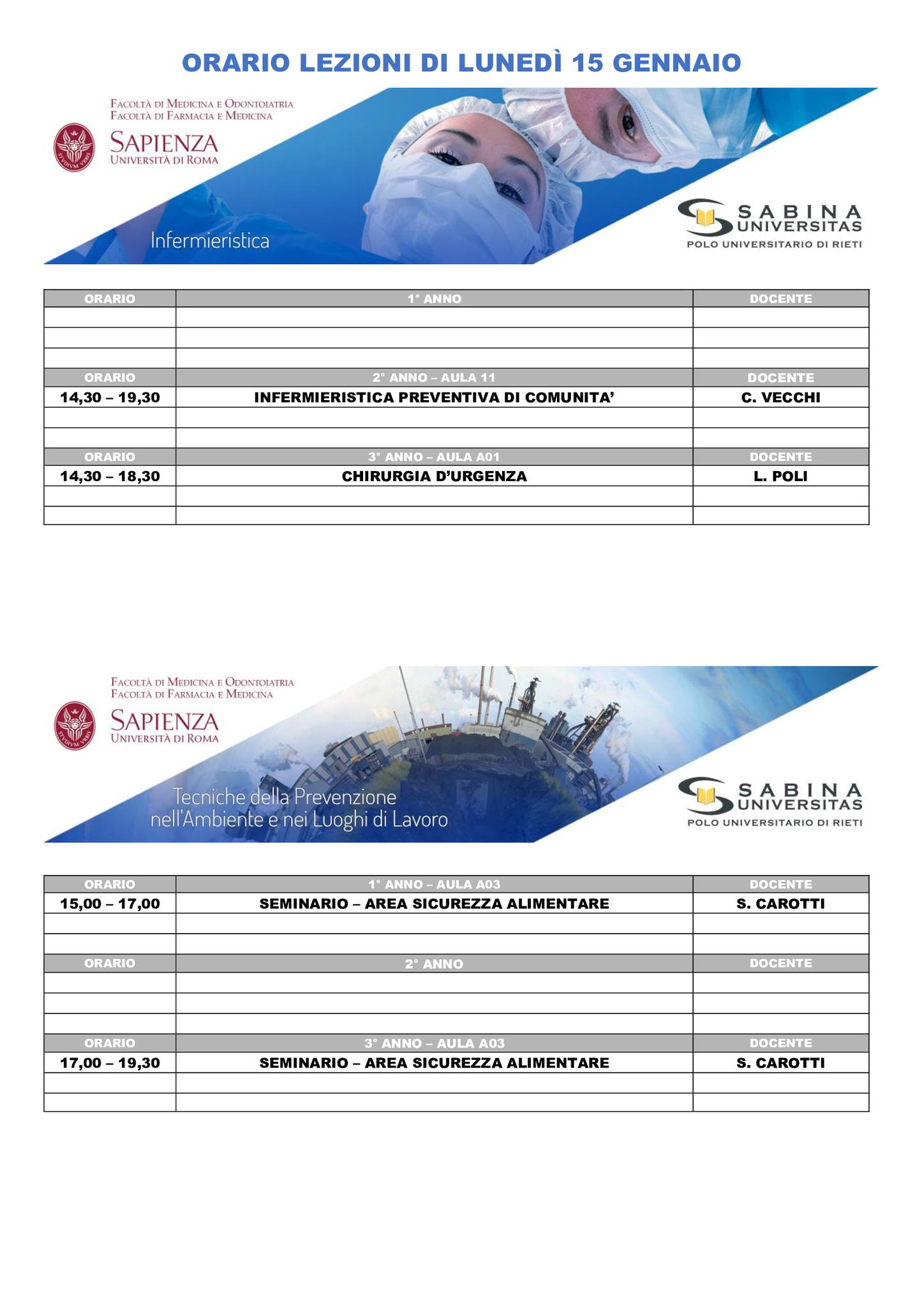 Professioni Sanitarie: orario lezioni di lunedì 15 gennaio