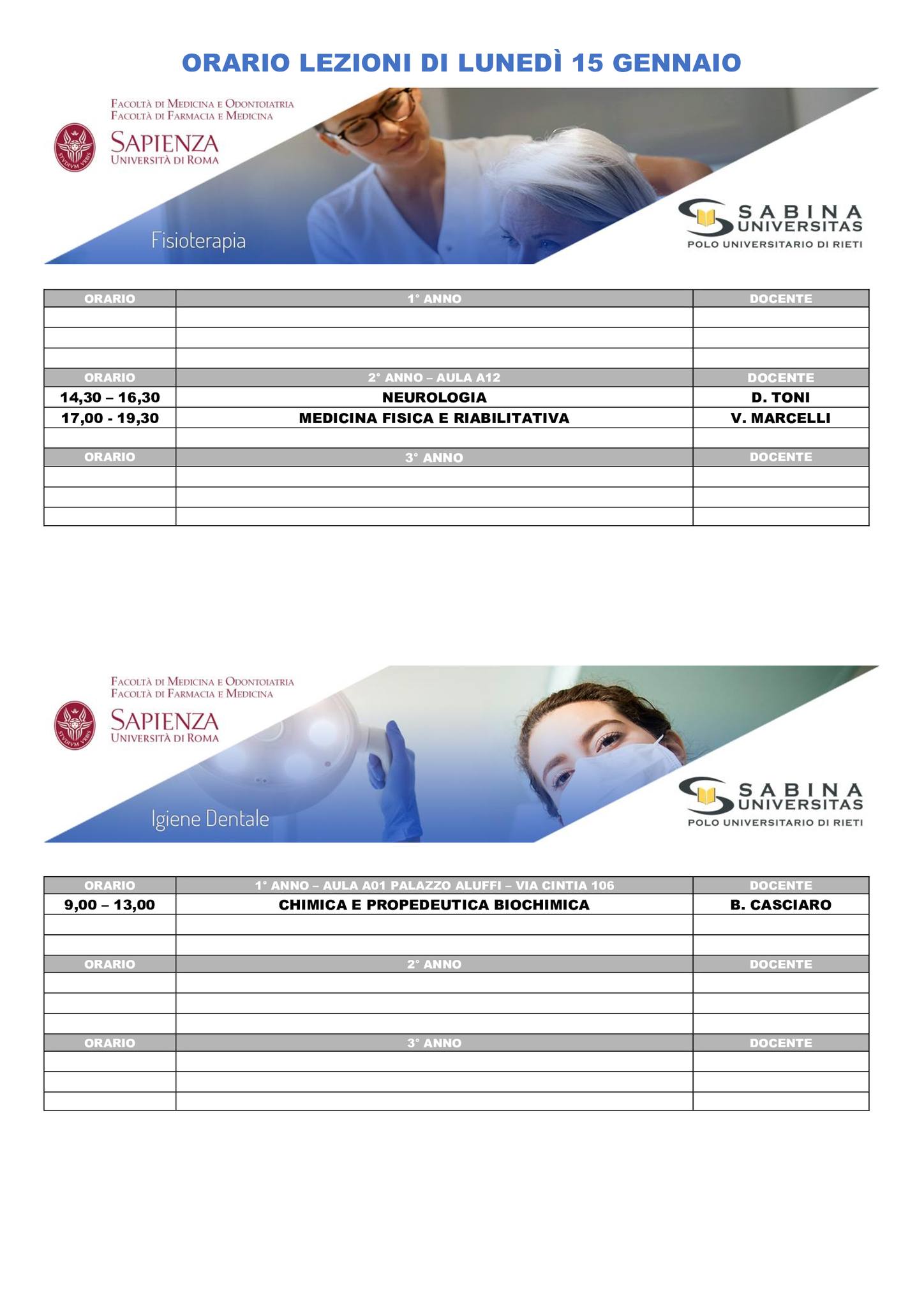 Professioni Sanitarie: orario lezioni di lunedì 15 gennaio