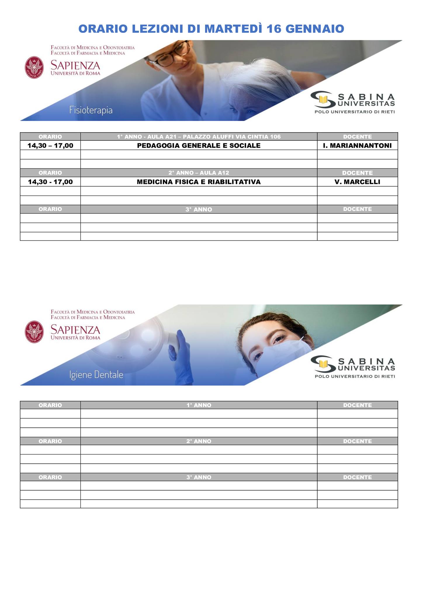 Professioni Sanitarie: orario lezioni di martedì 16 gennaio