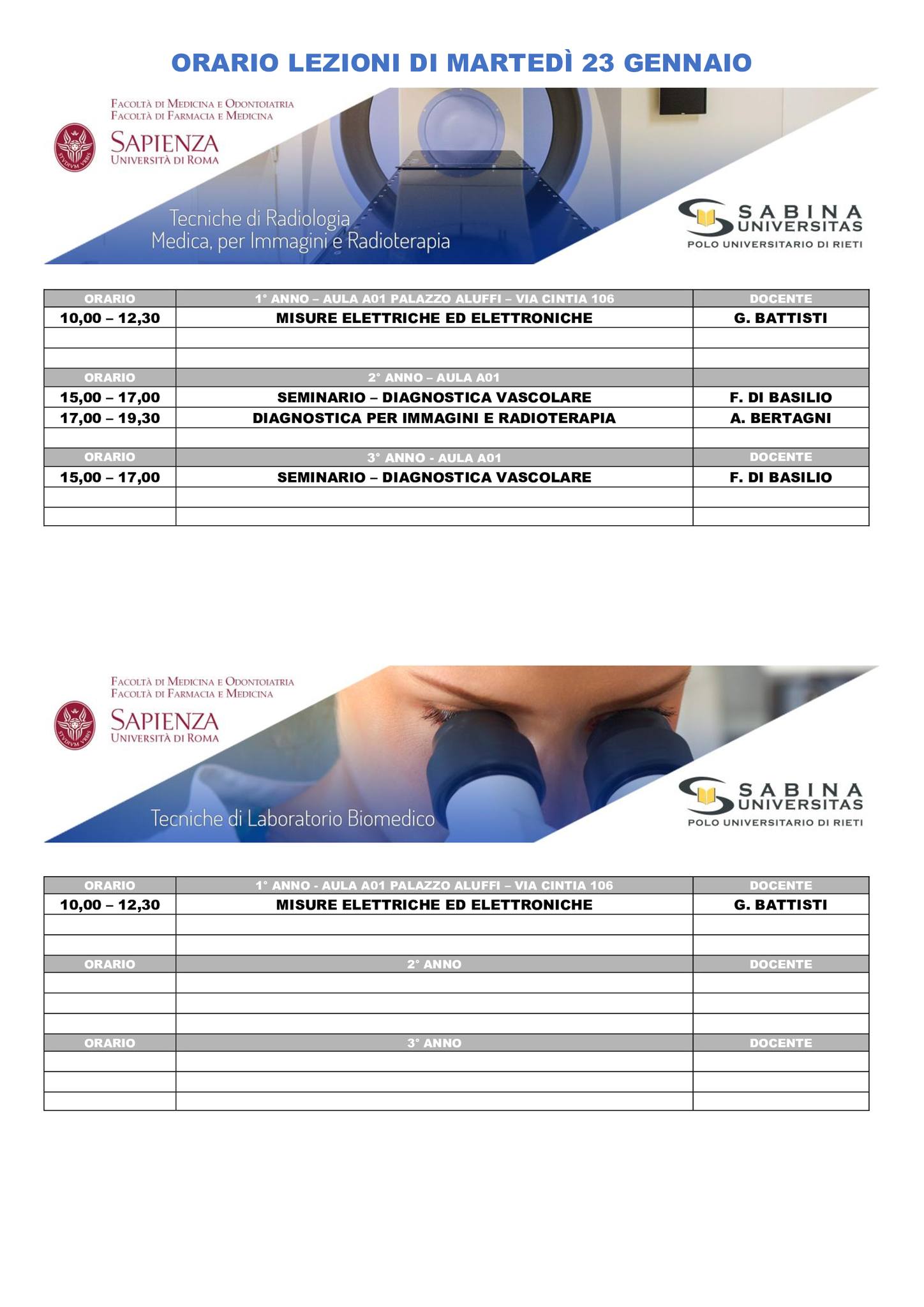 Professioni Sanitarie: orario lezioni di martedì 23 gennaio