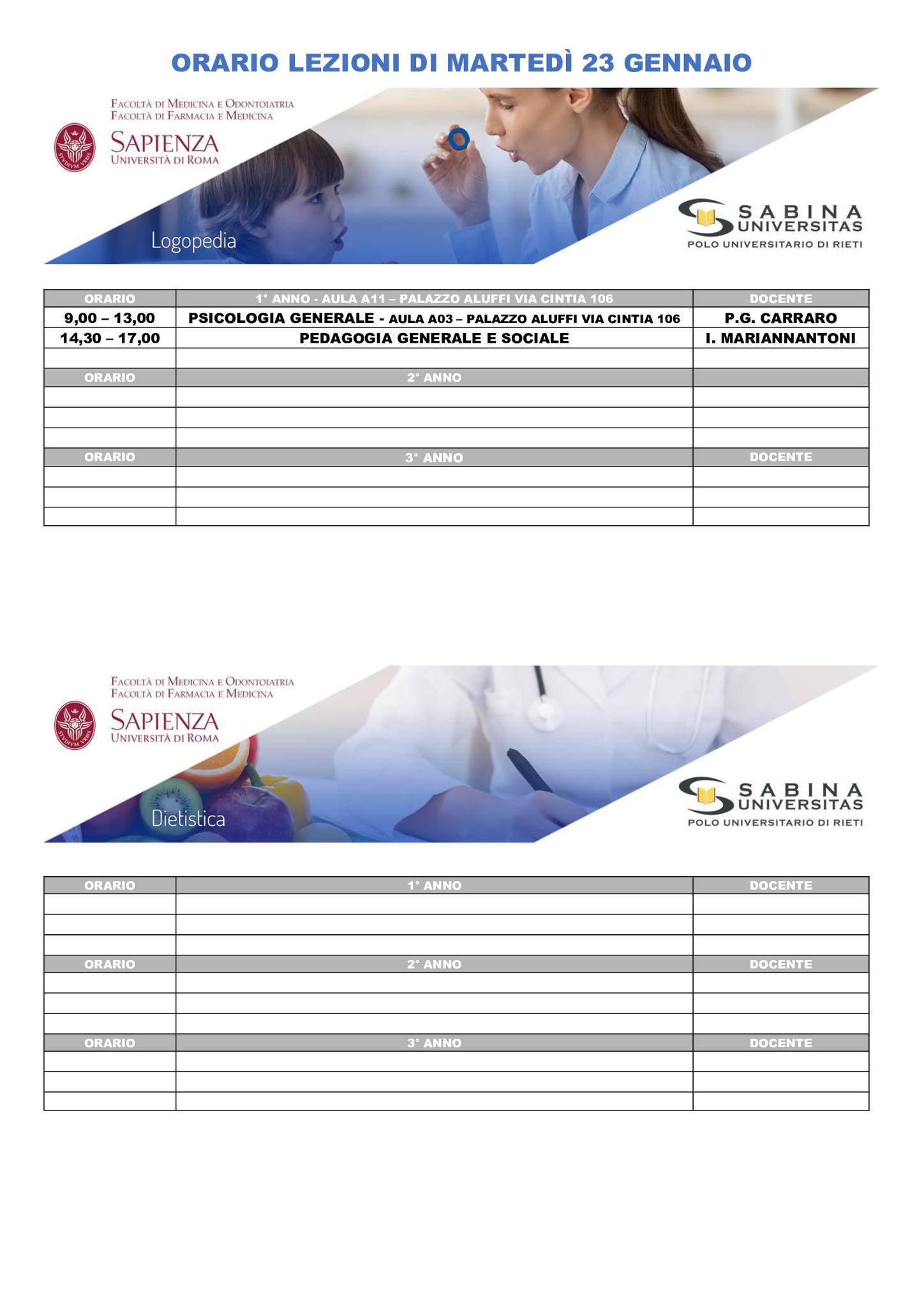 Professioni Sanitarie: orario lezioni di martedì 23 gennaio