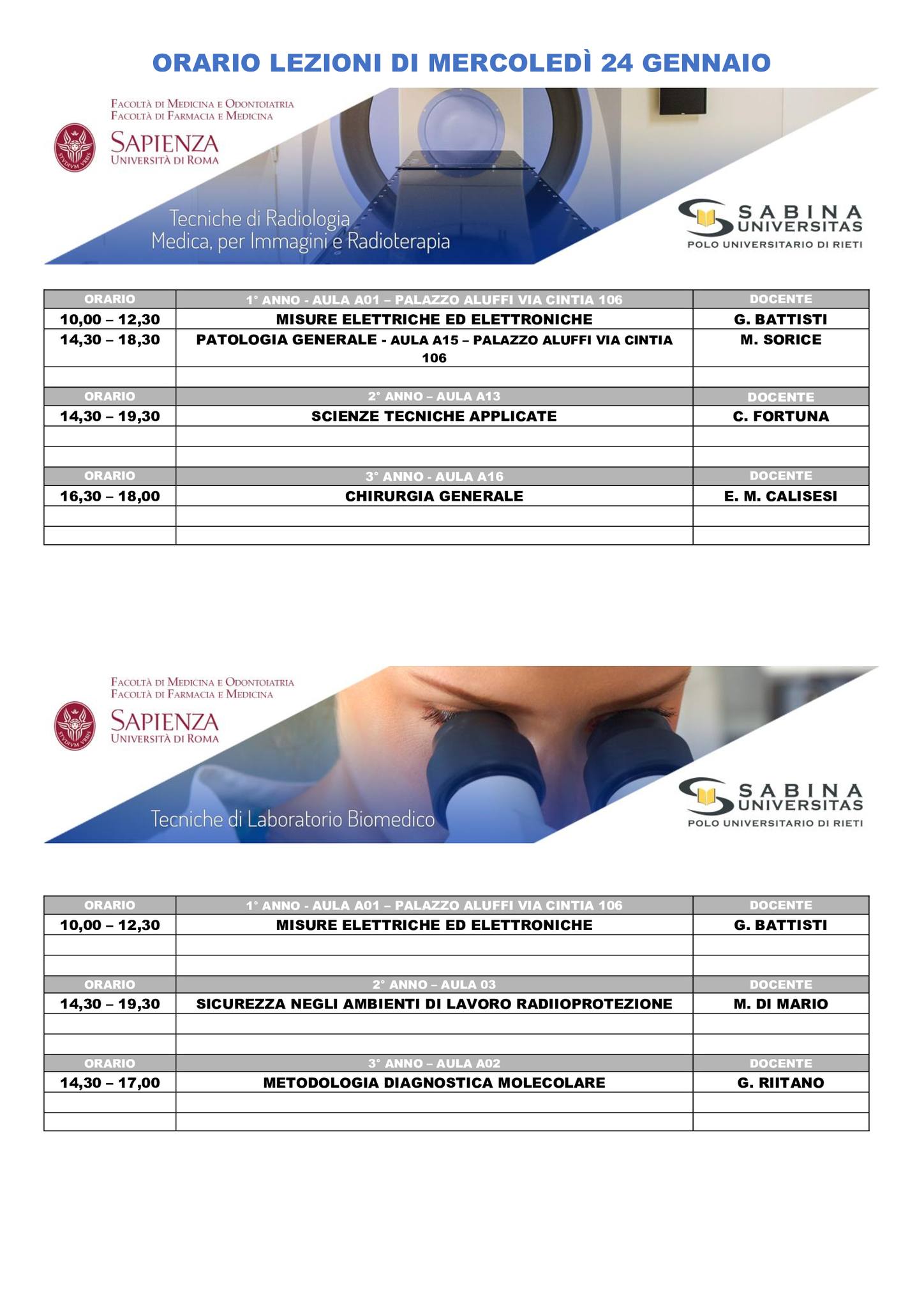 Professioni Sanitarie: orario lezioni di mercoledì 24 gennaio