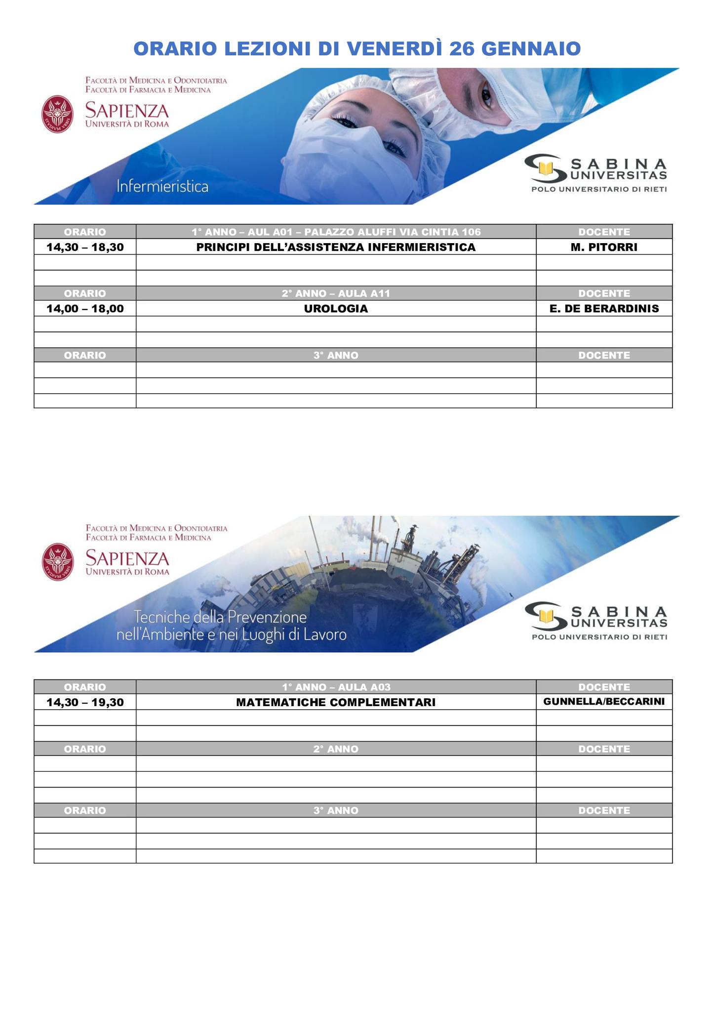 Professioni Sanitarie: orario lezioni di venerdì 26 gennaio