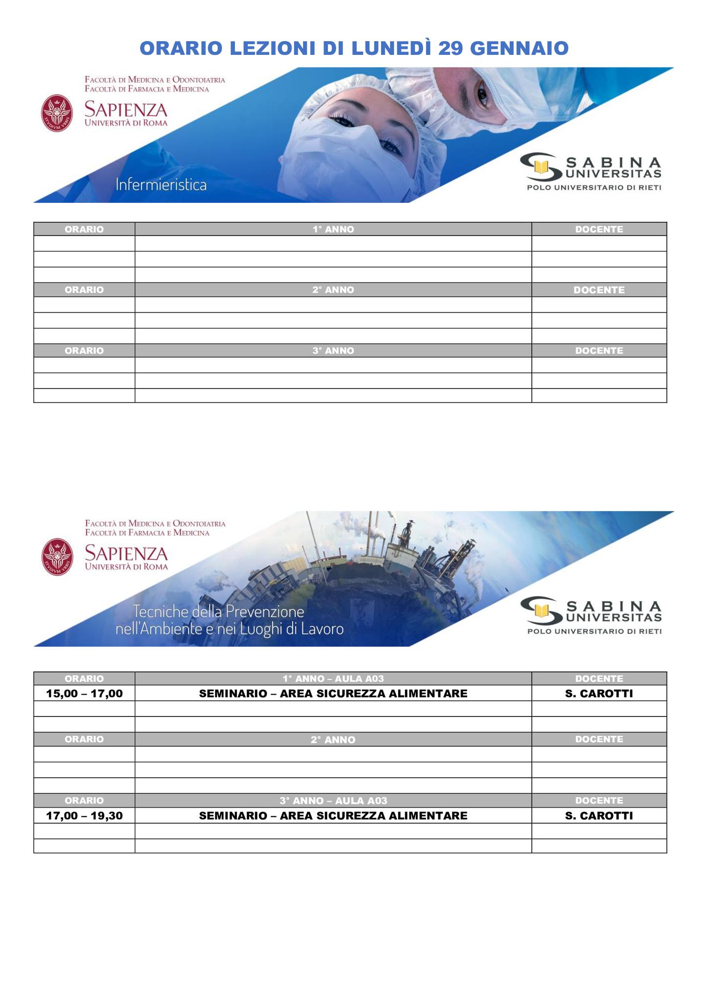 Professioni Sanitarie: orario lezioni di lunedì 29 gennaio