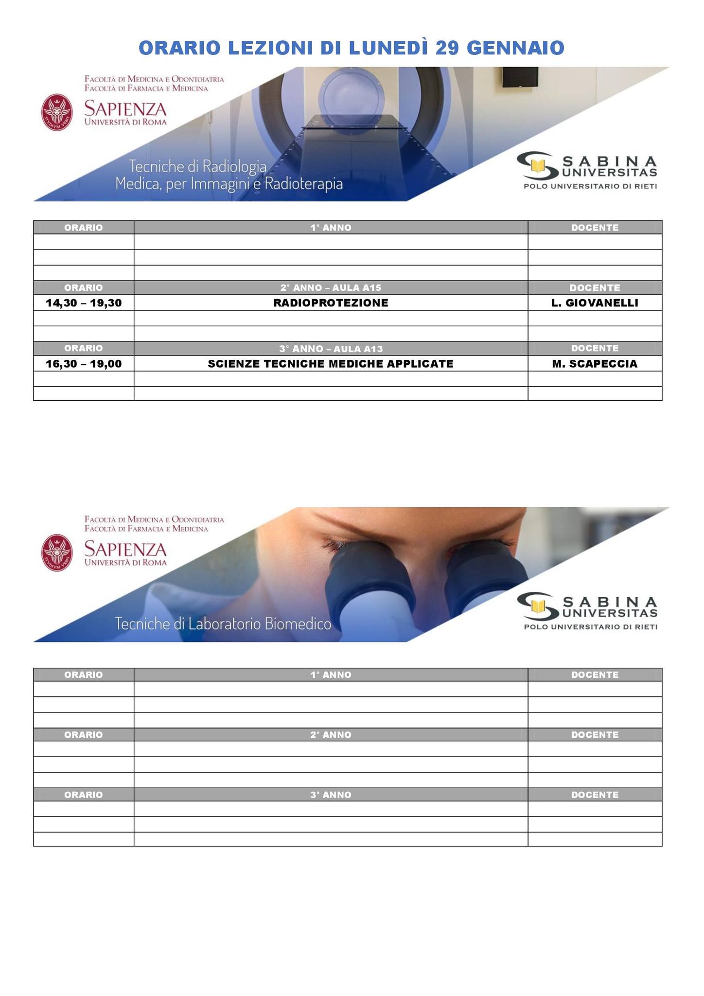 Professioni Sanitarie: orario lezioni di lunedì 29 gennaio