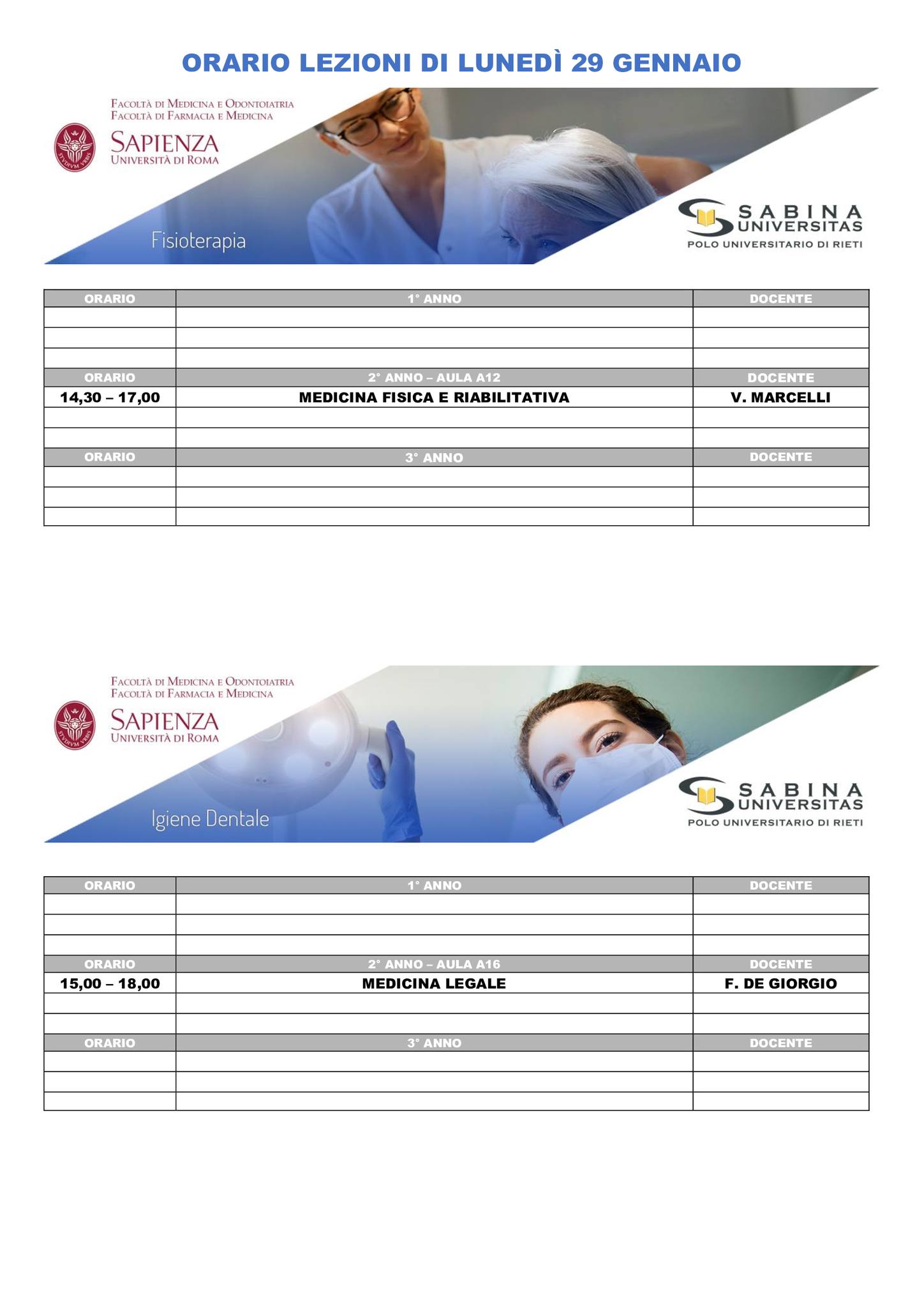 Professioni Sanitarie: orario lezioni di lunedì 29 gennaio