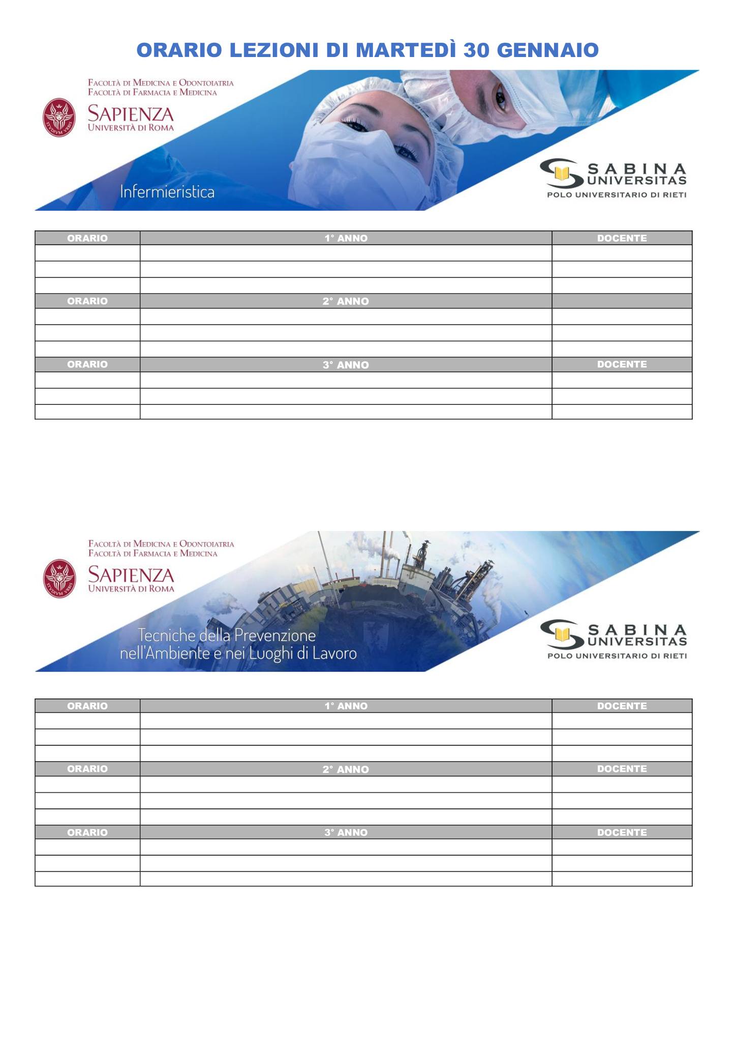 Professioni Sanitarie: orario lezioni di martedì 30 gennaio