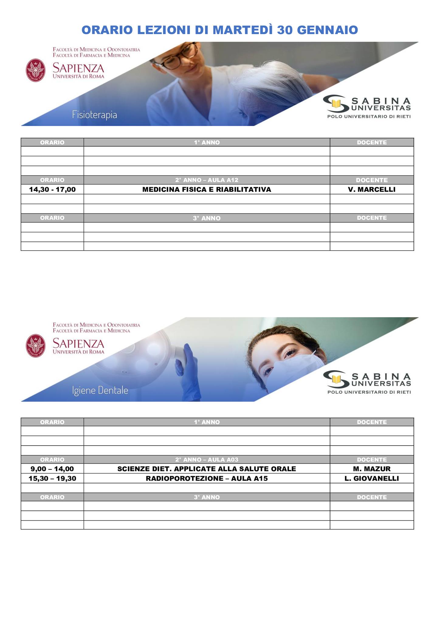 Professioni Sanitarie: orario lezioni di martedì 30 gennaio