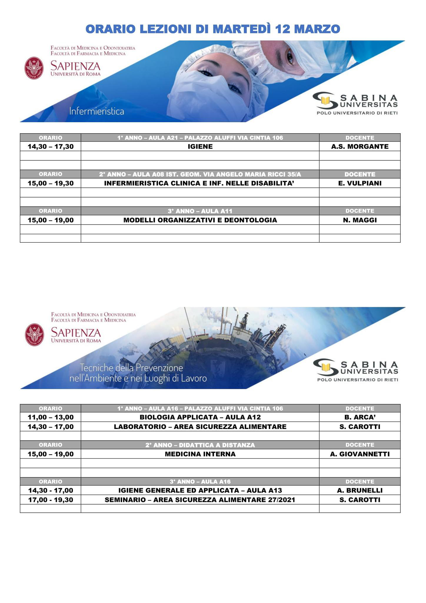 Professioni Sanitarie: orario lezioni di martedì 12 marzo