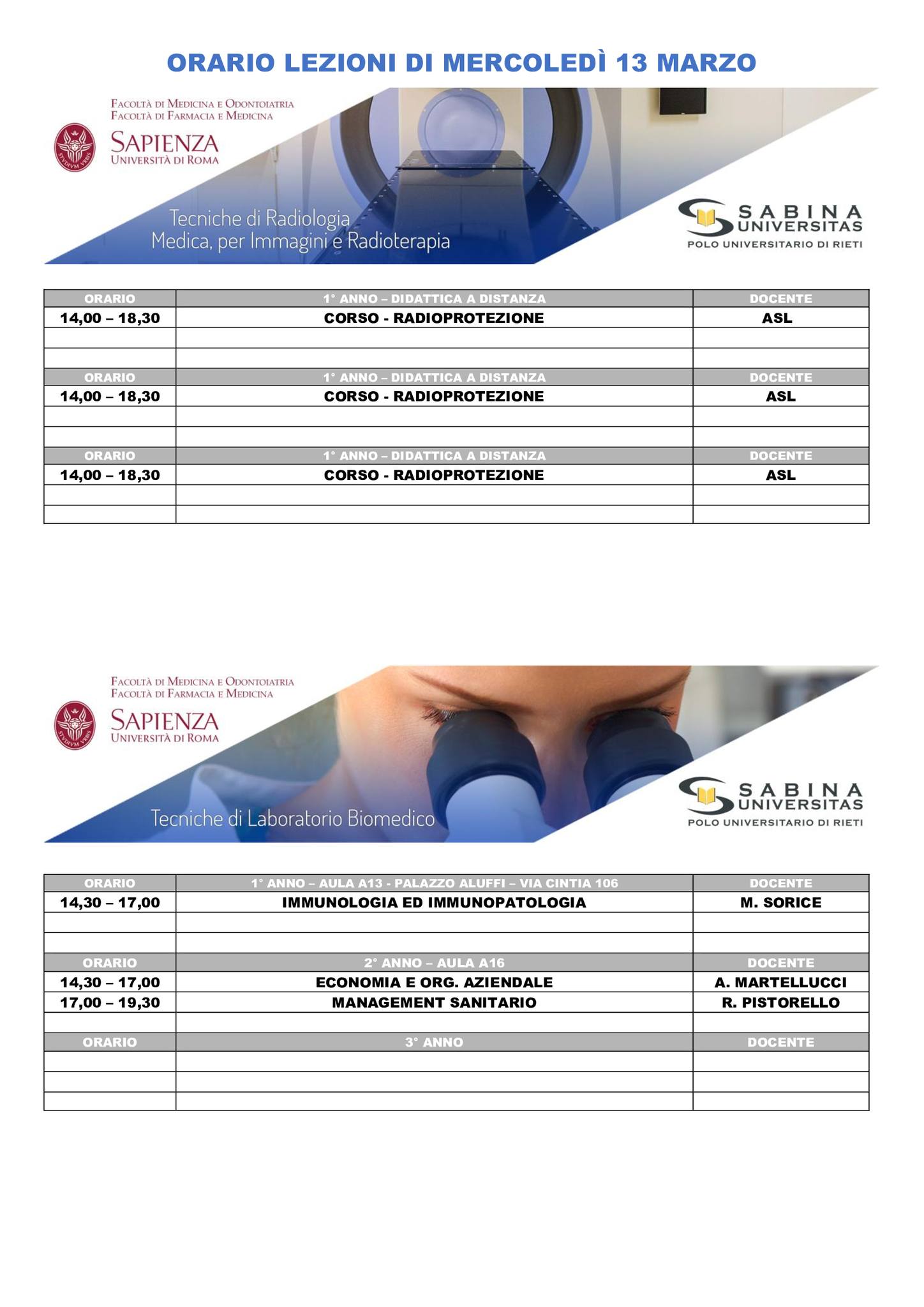 Professioni Sanitarie: orario lezioni di mercoledì 13 marzo