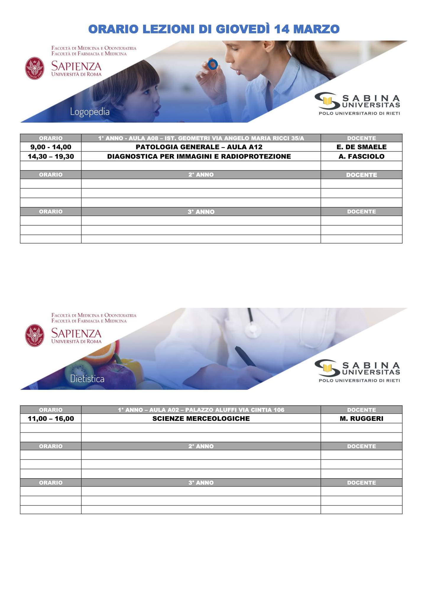 Professioni Sanitarie: orario lezioni di giovedì 14 marzo