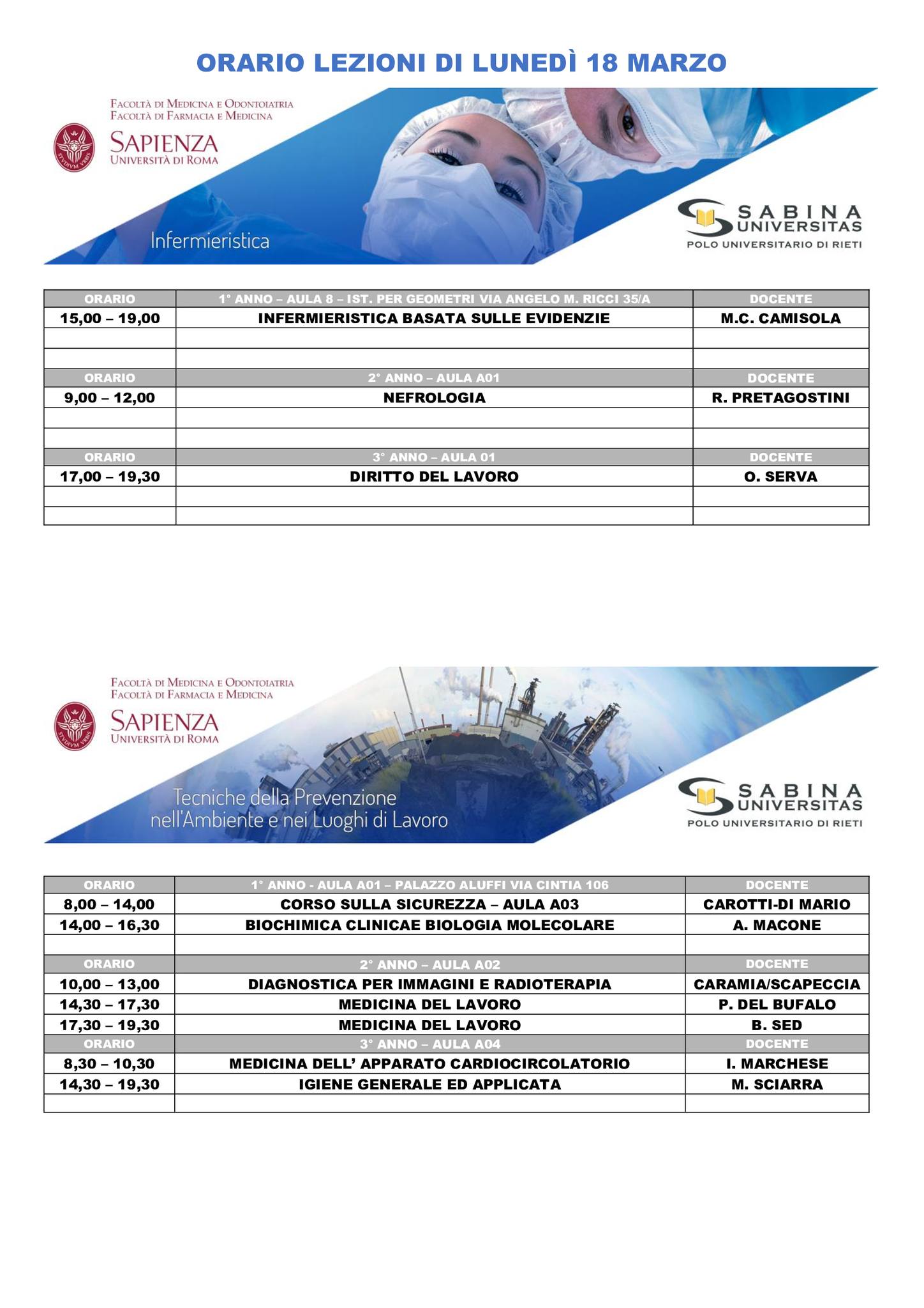 Professioni Sanitarie: orario lezioni di lunedì 18 marzo