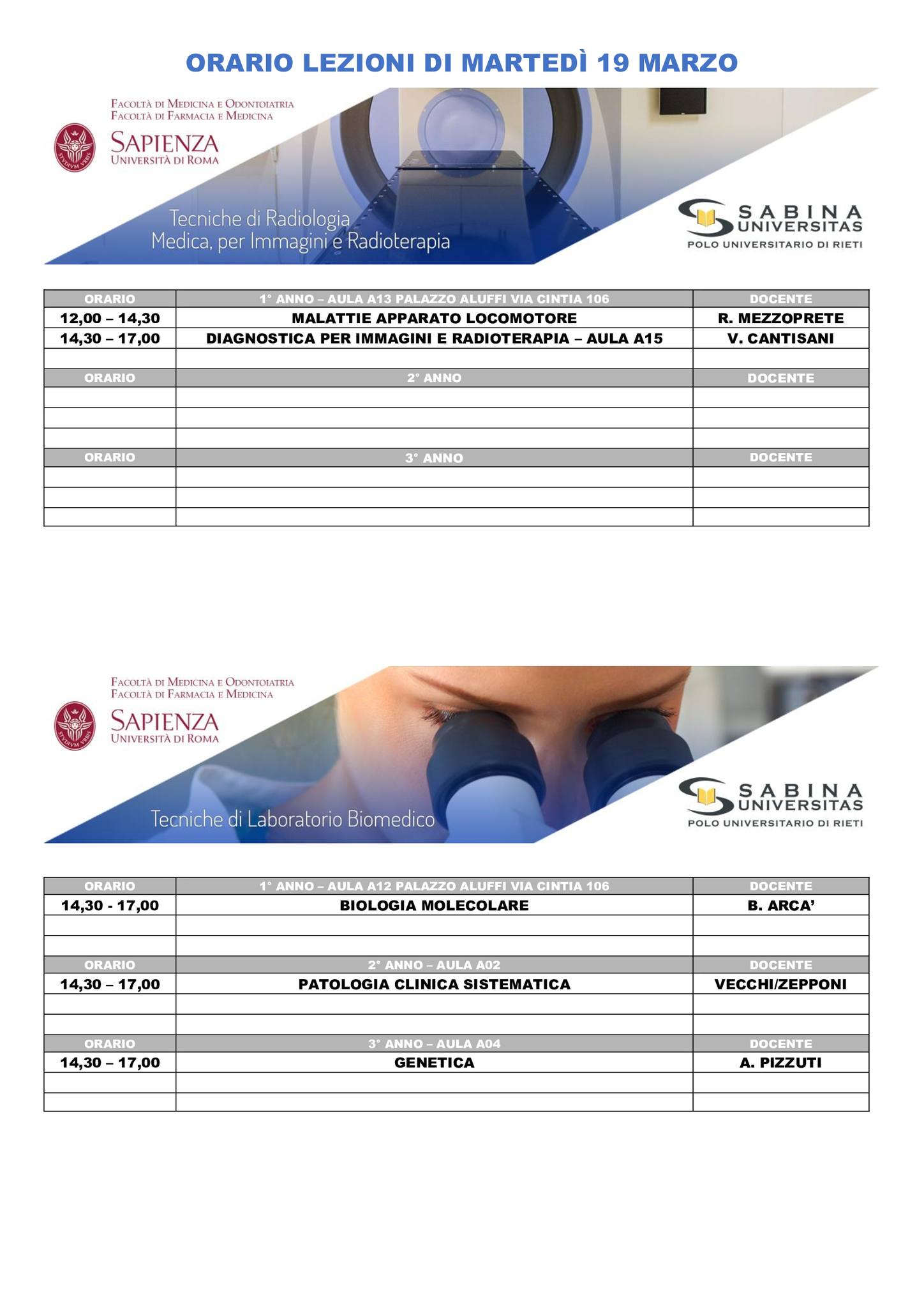 Professioni Sanitarie: orario lezioni di martedì 19 marzo