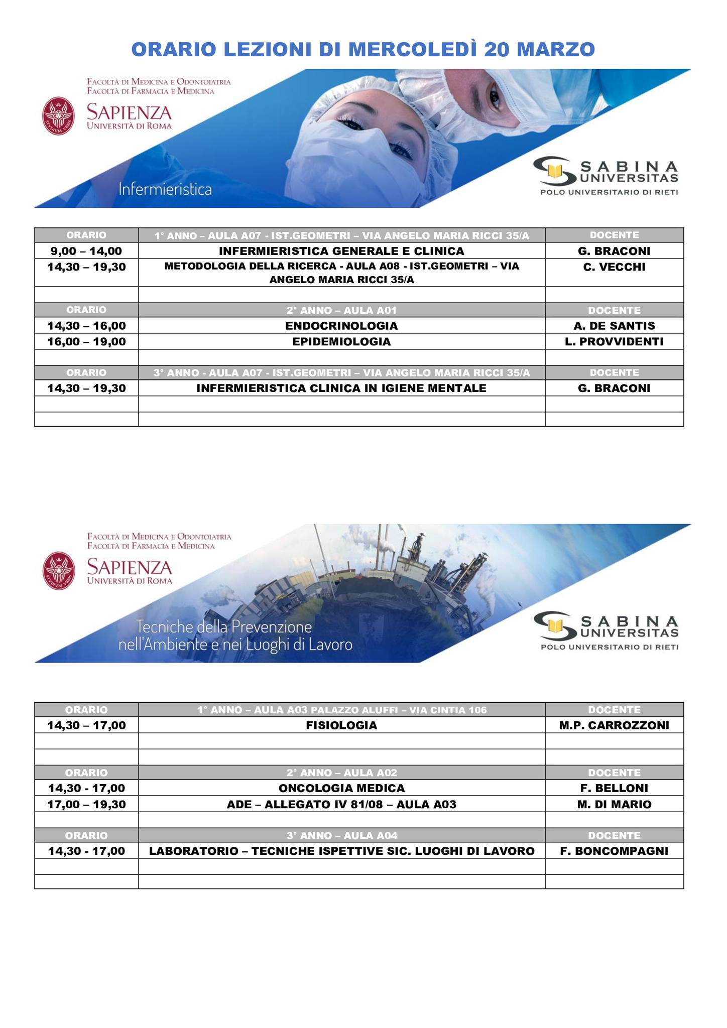 Professioni Sanitarie: orario lezioni di mercoledì 20 marzo
