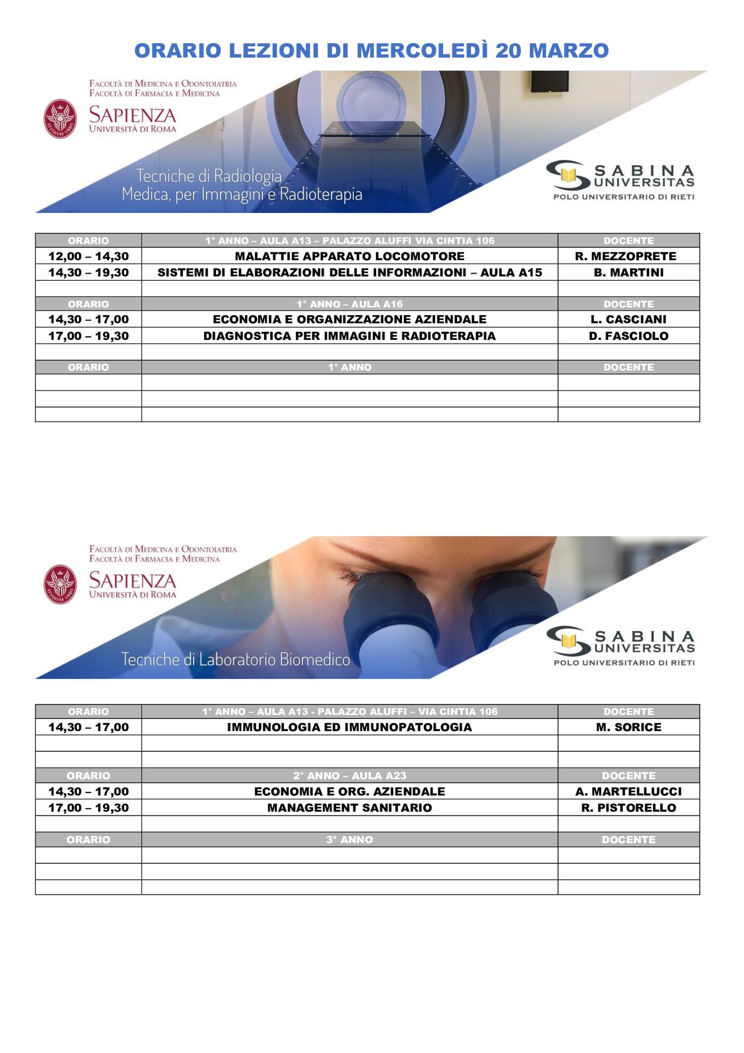 Professioni Sanitarie: orario lezioni di mercoledì 20 marzo