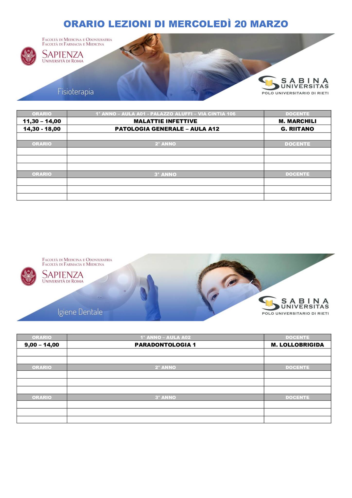 Professioni Sanitarie: orario lezioni di mercoledì 20 marzo