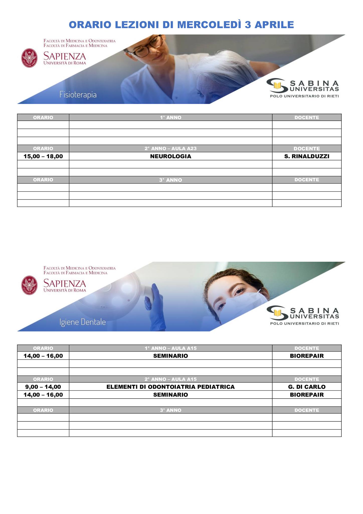 Professioni Sanitarie: orario lezioni di mercoledì 3 aprile