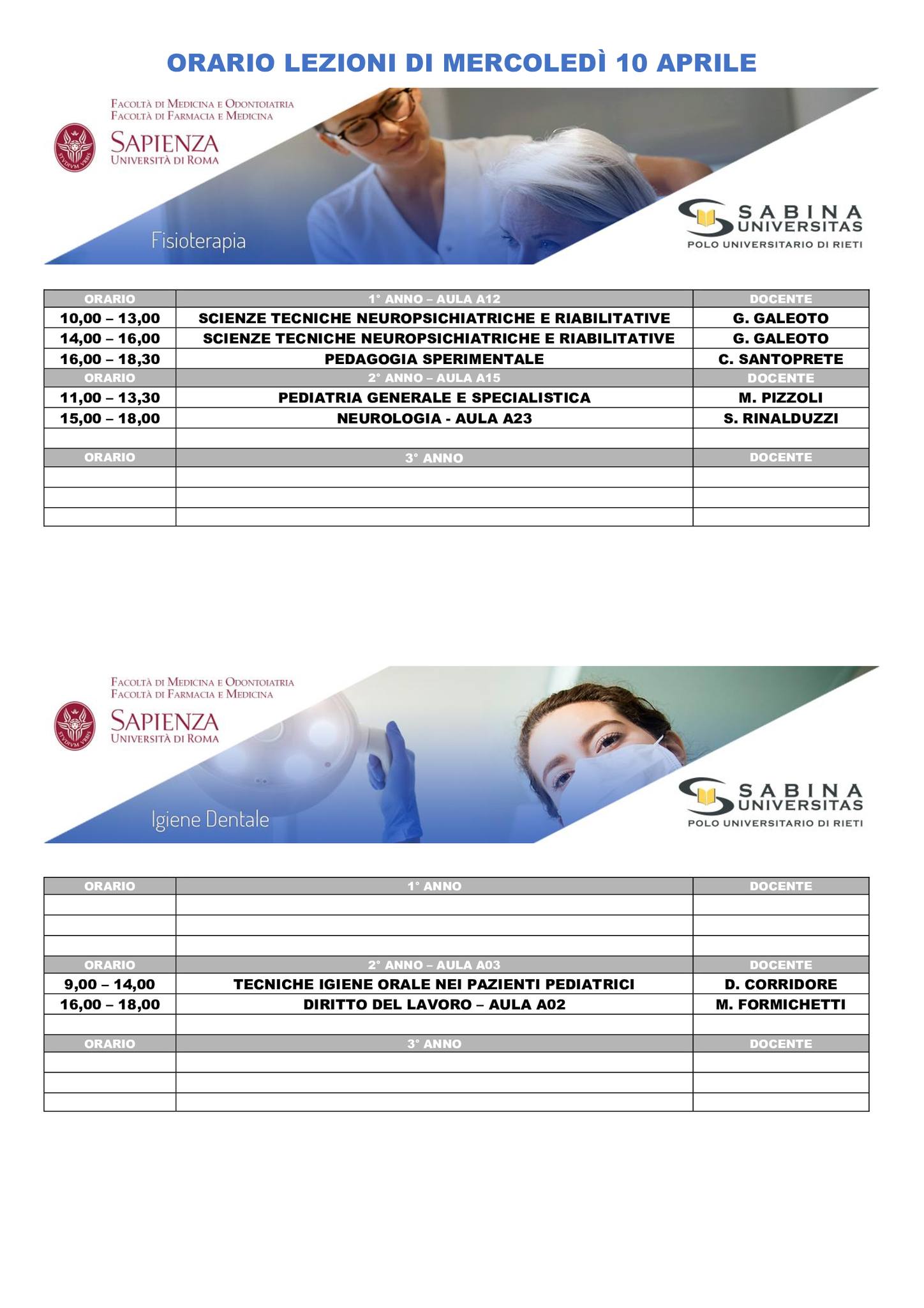 Professioni Sanitarie: orario lezioni di mercoledì 10 aprile