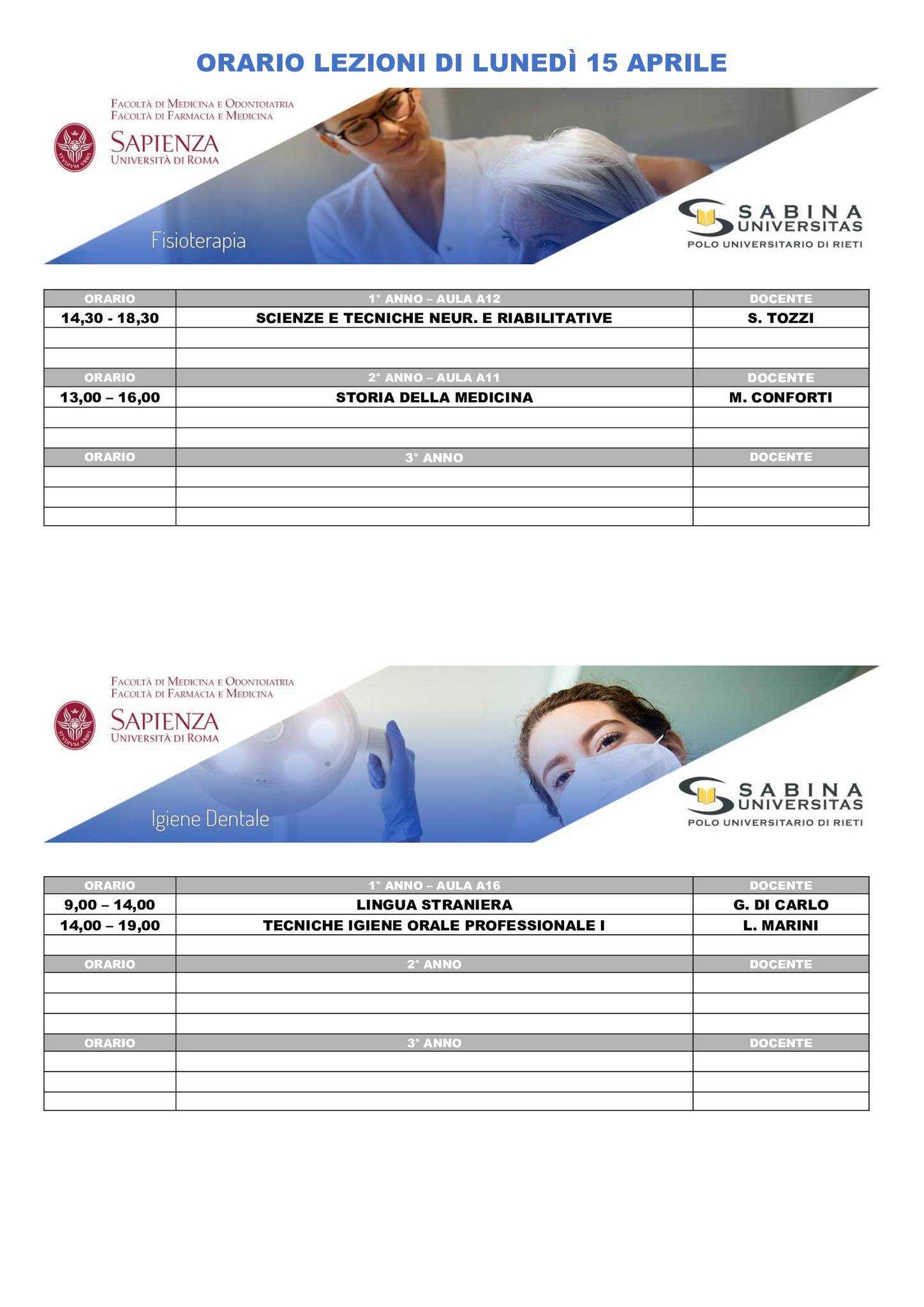 Professioni Sanitarie: orario lezioni di lunedì 15 aprile