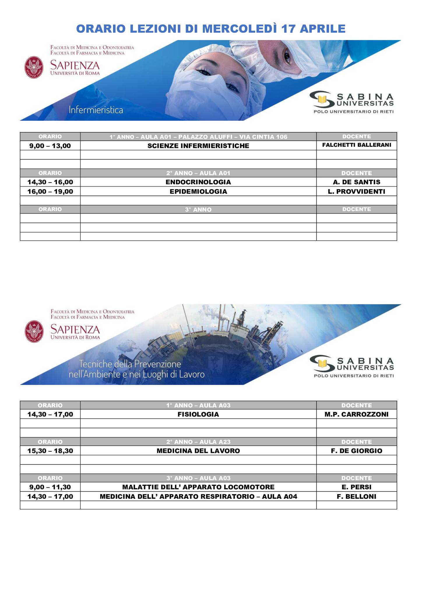 Professioni Sanitarie: orario lezioni di mercoledì 17 aprile