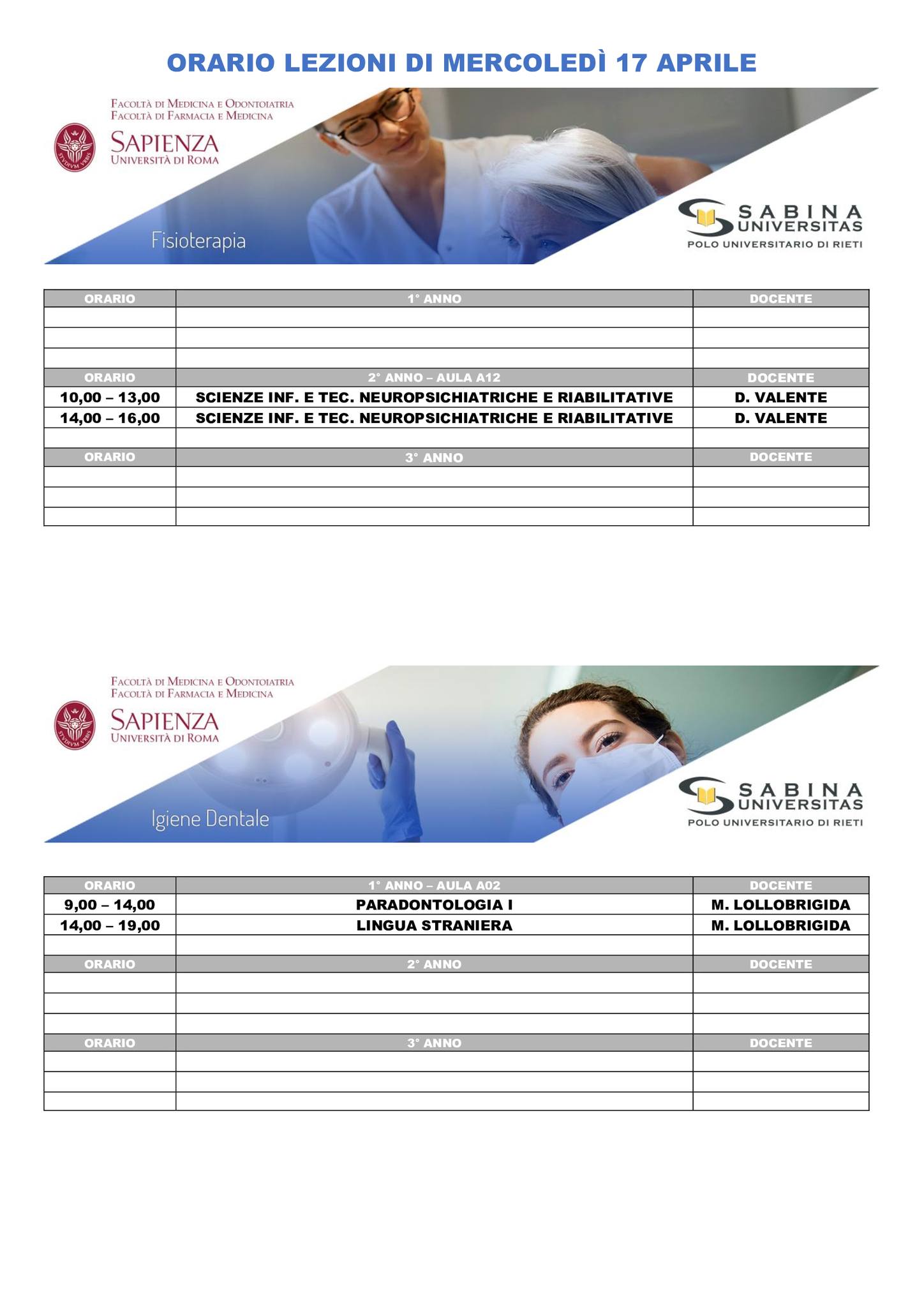 Professioni Sanitarie: orario lezioni di mercoledì 17 aprile