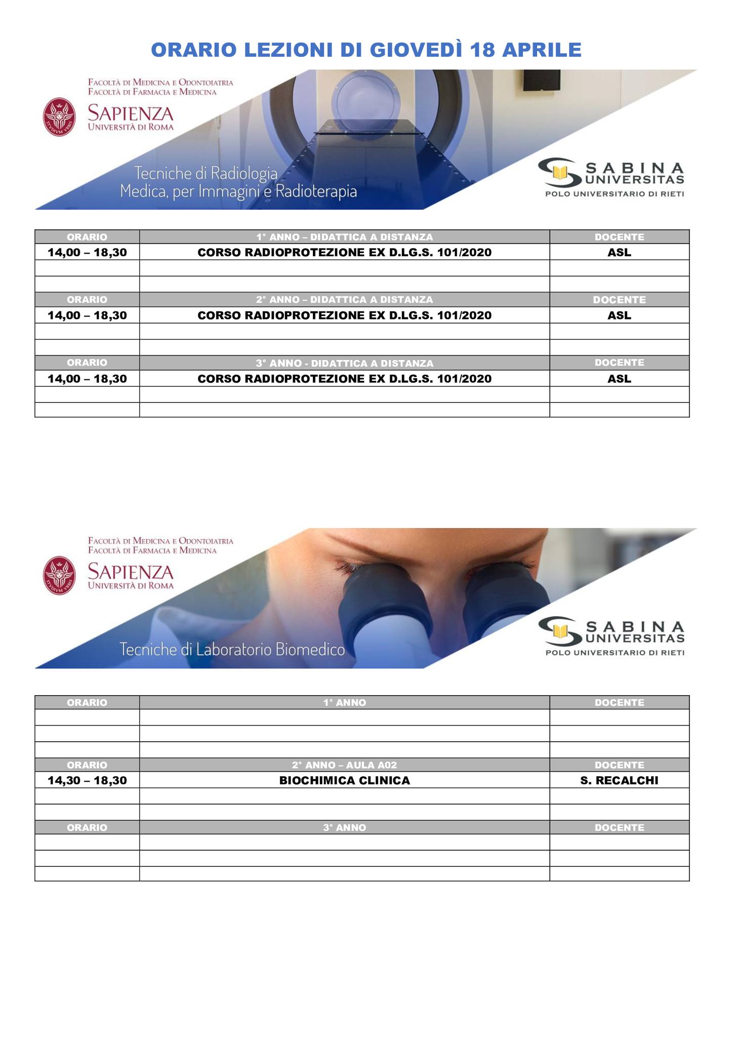 Professioni Sanitarie: orario lezioni di giovedì 18 aprile