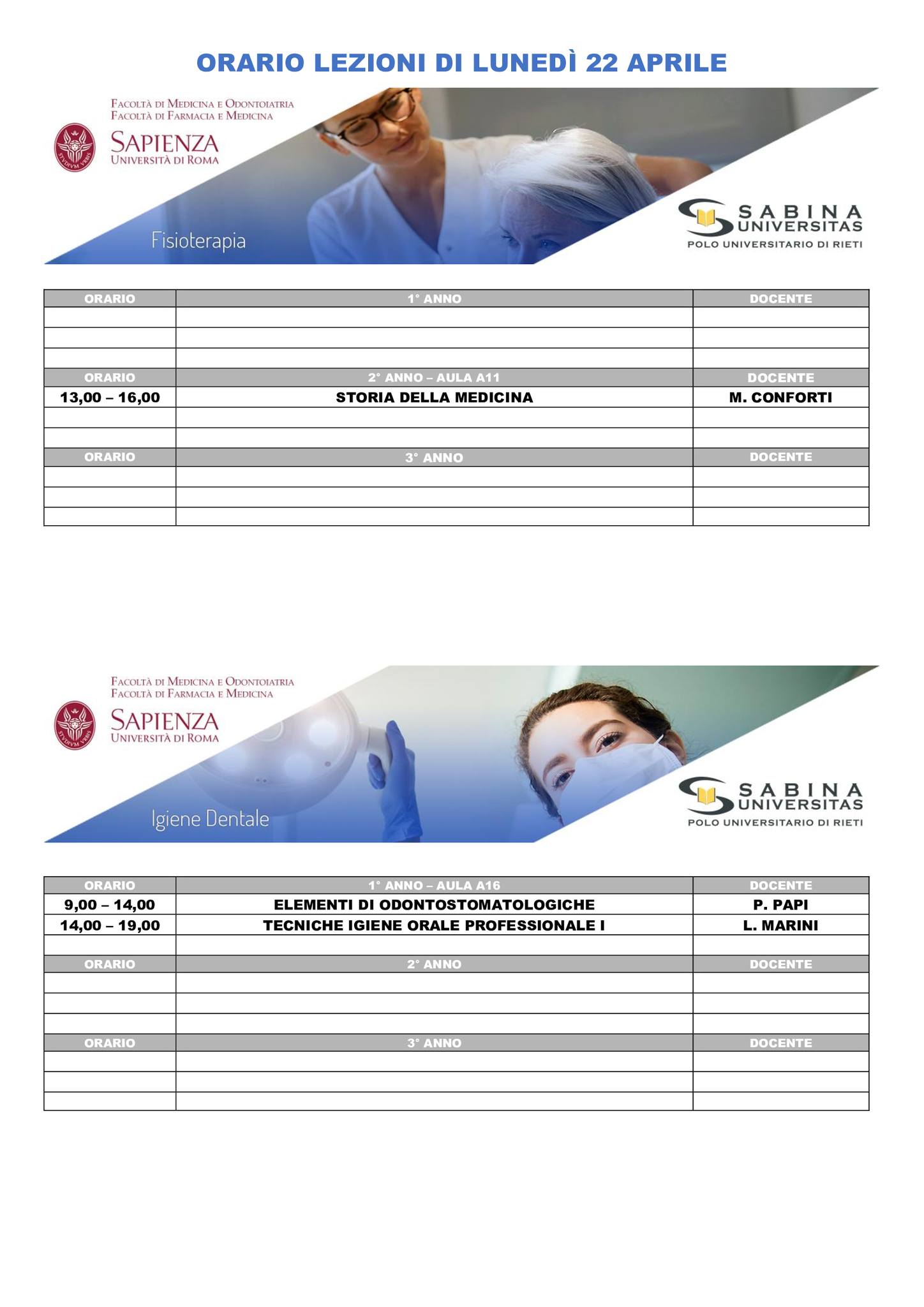Professioni Sanitarie: orario lezioni di lunedì 22 aprile