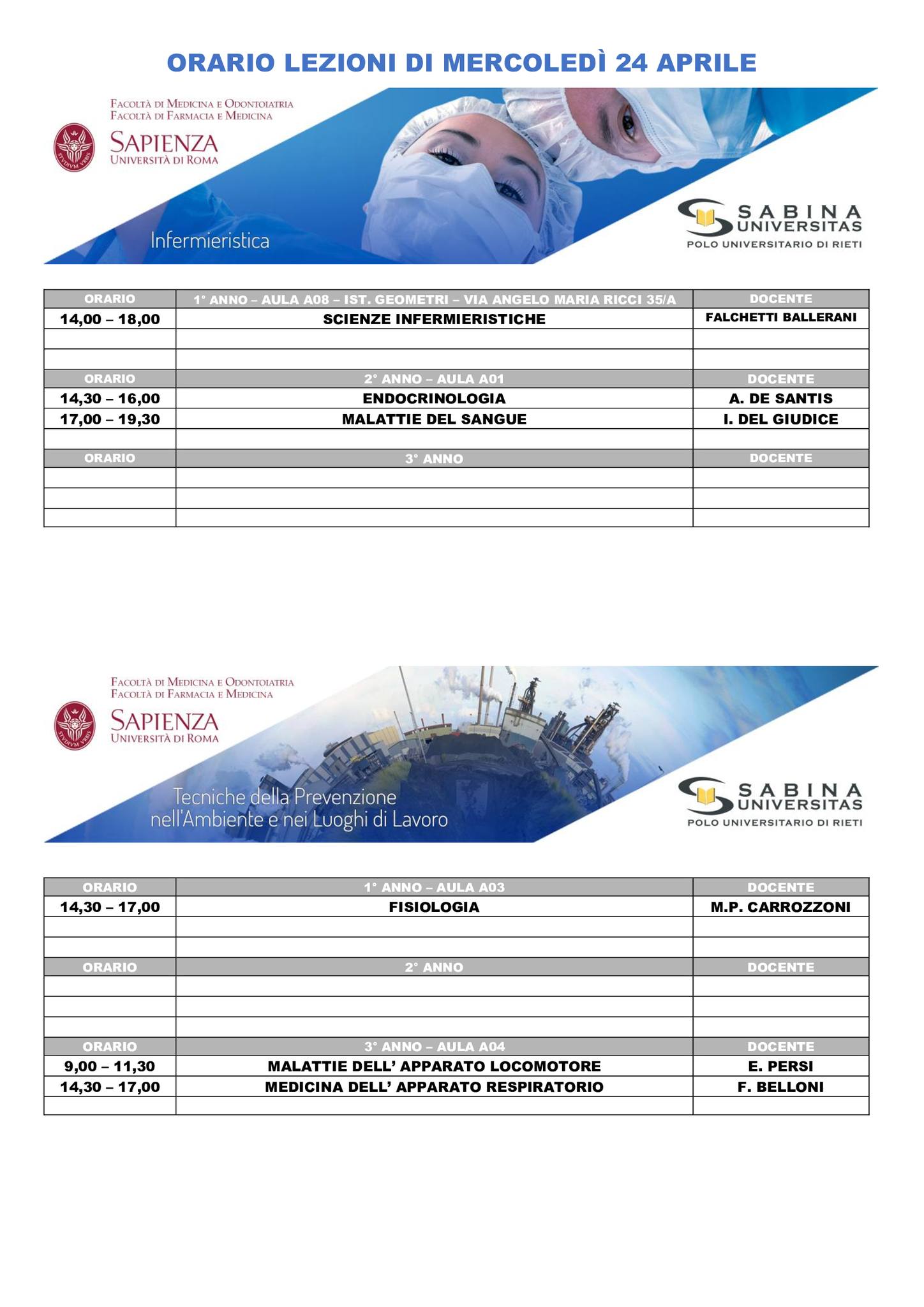 Professioni Sanitarie: orario lezioni di mercoledì 24 aprile