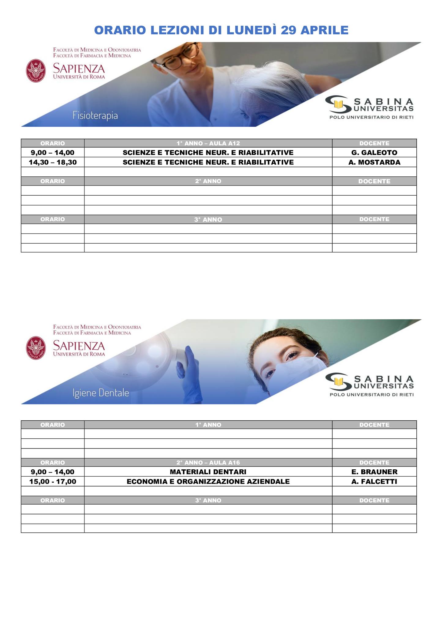 Professioni Sanitarie: orario lezioni di lunedì 29 aprile