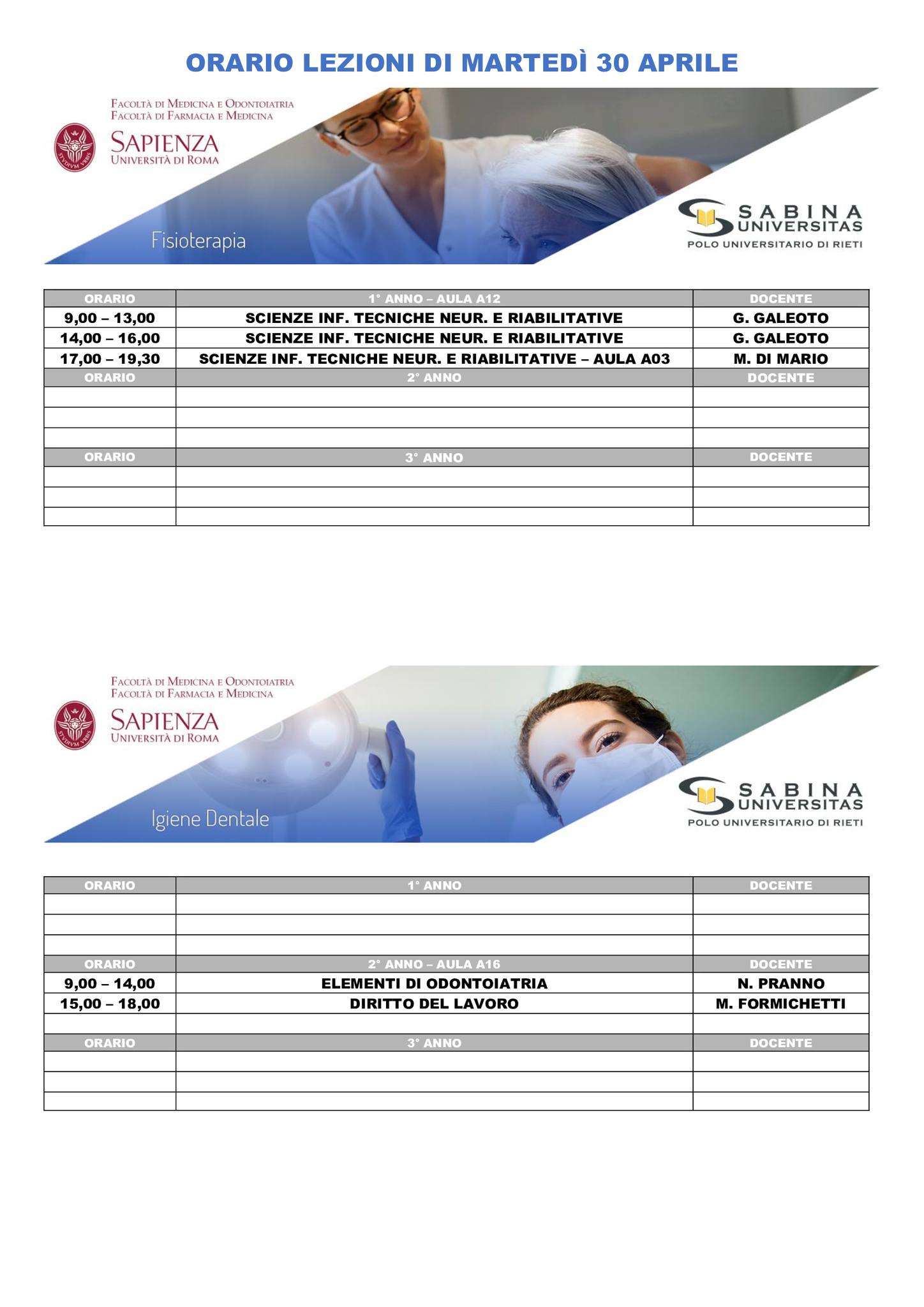 Professioni Sanitarie: orario lezioni di martedì 30 aprile