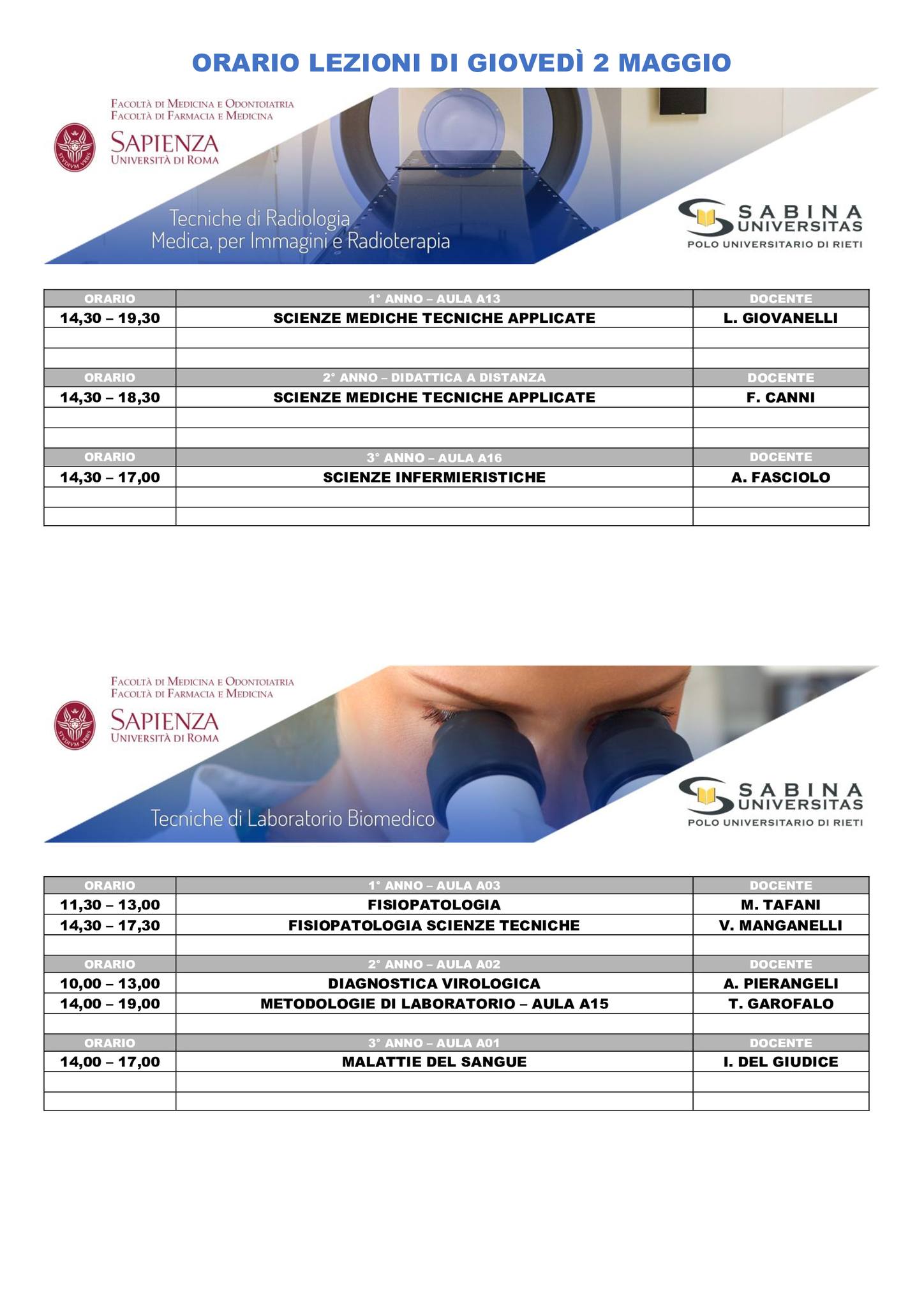 Professioni Sanitarie: orario lezioni di giovedì 2 maggio