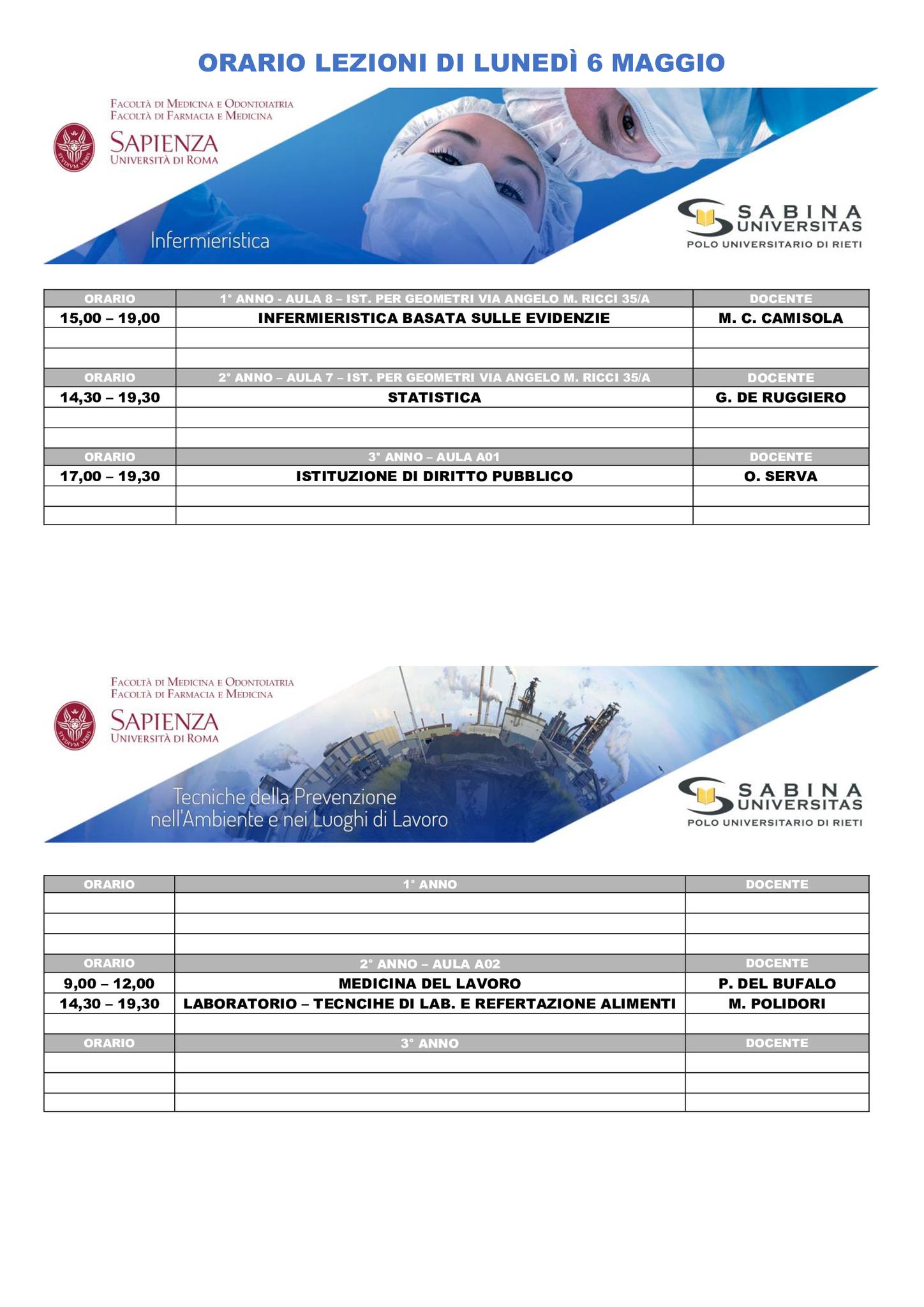 Professioni Sanitarie: orario lezioni di lunedì 6 maggio
