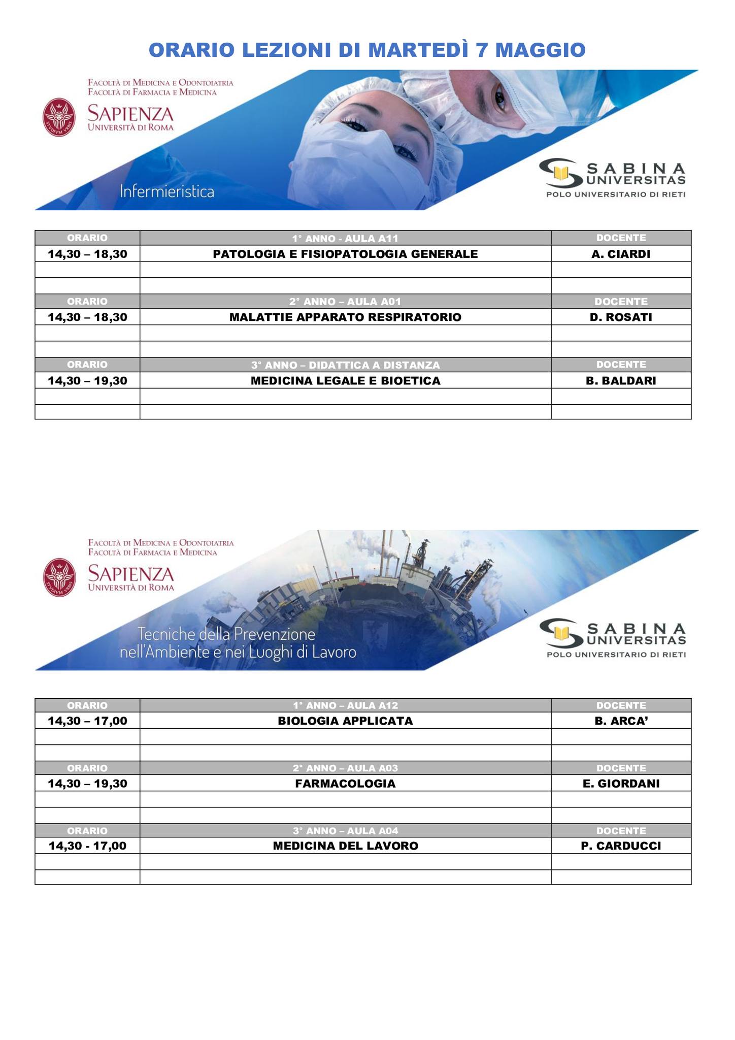 Professioni Sanitarie: orario lezioni di martedì 7 maggio