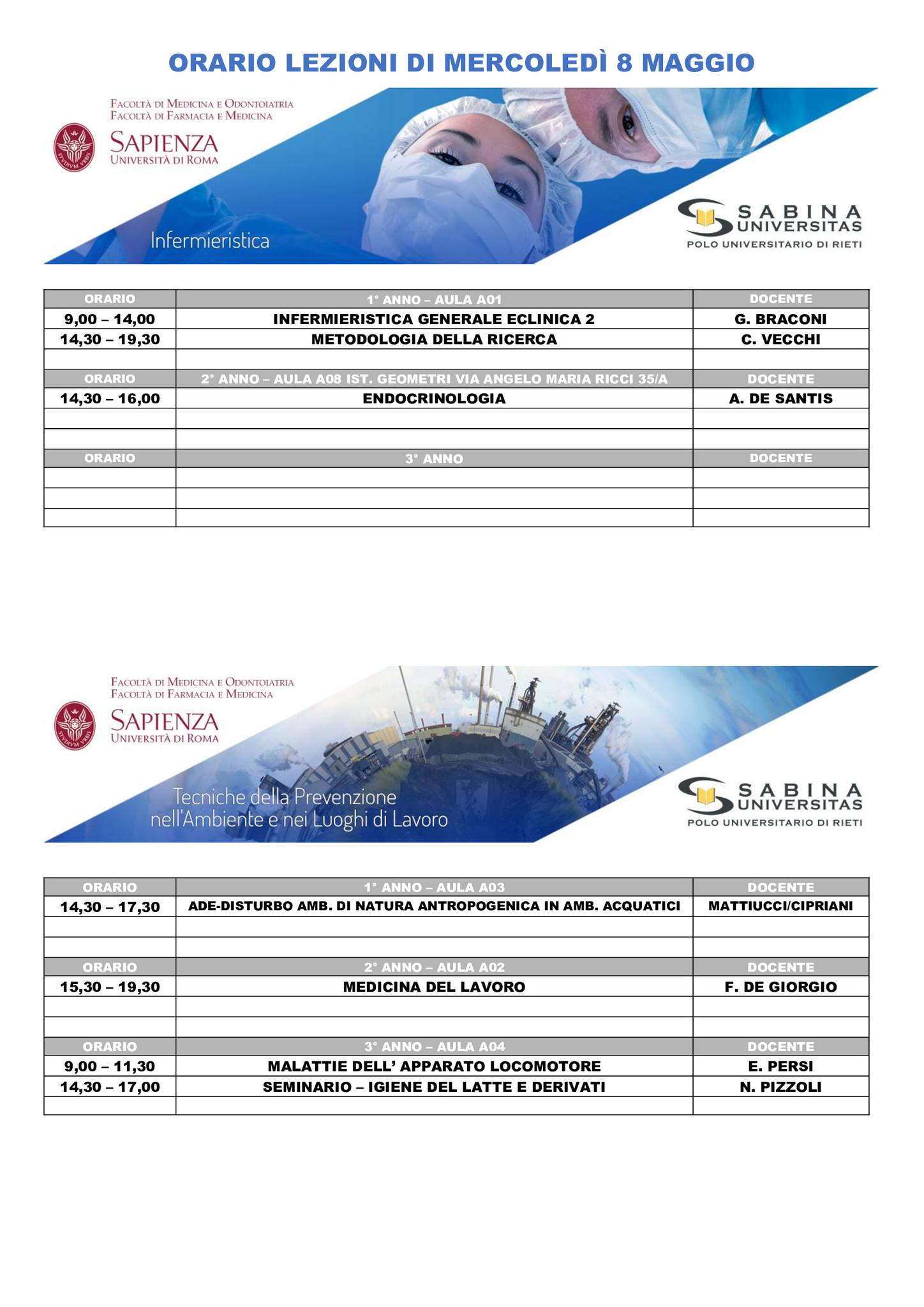 Professioni Sanitarie: orario lezioni di mercoledì 8 maggio