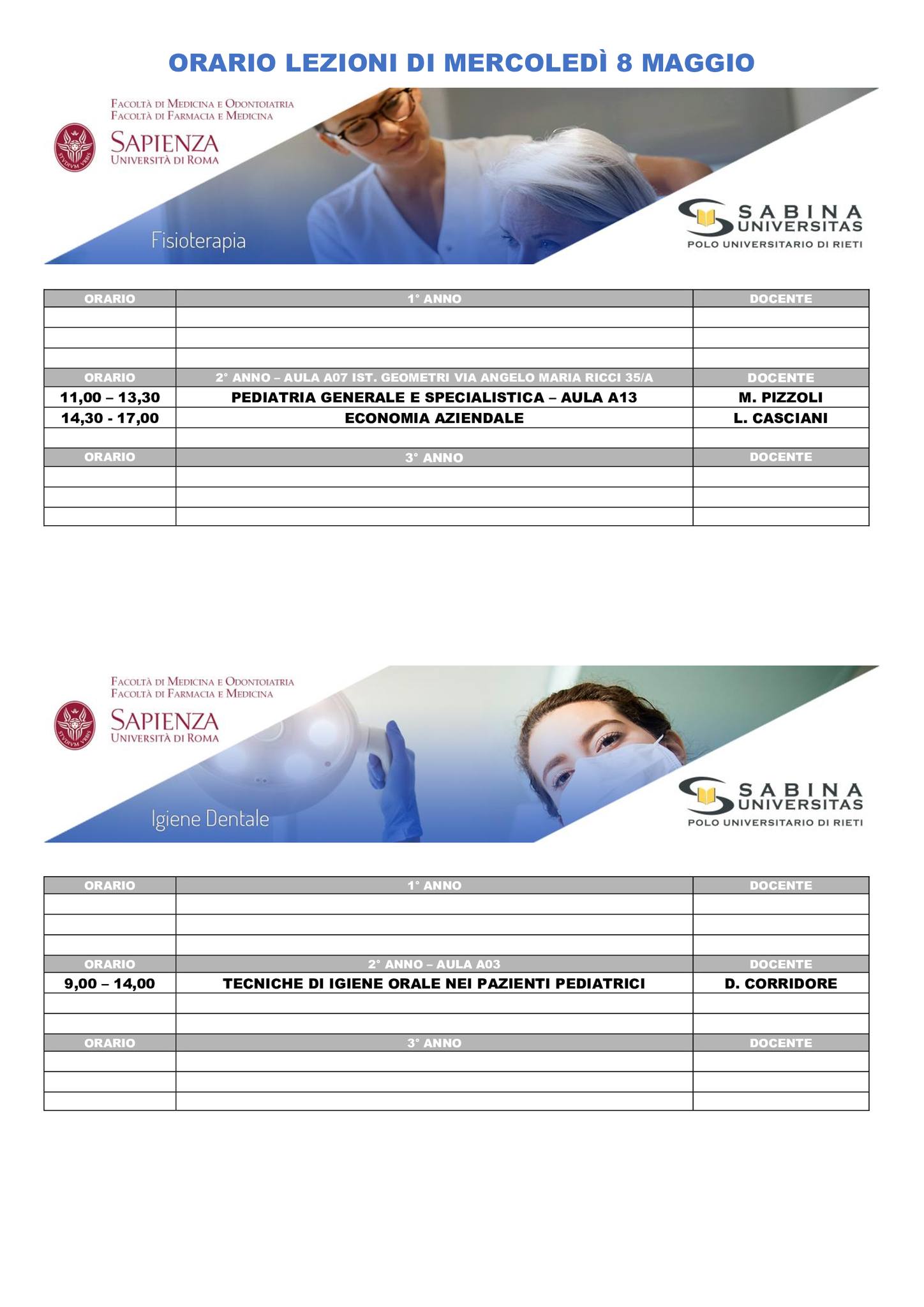 Professioni Sanitarie: orario lezioni di mercoledì 8 maggio