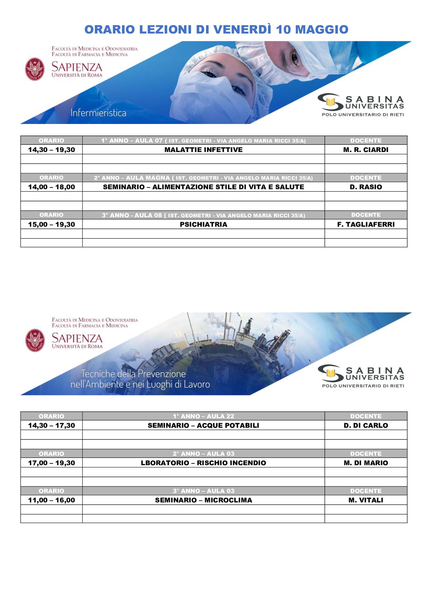 Professioni Sanitarie: orario lezioni di venerdì 10 maggio