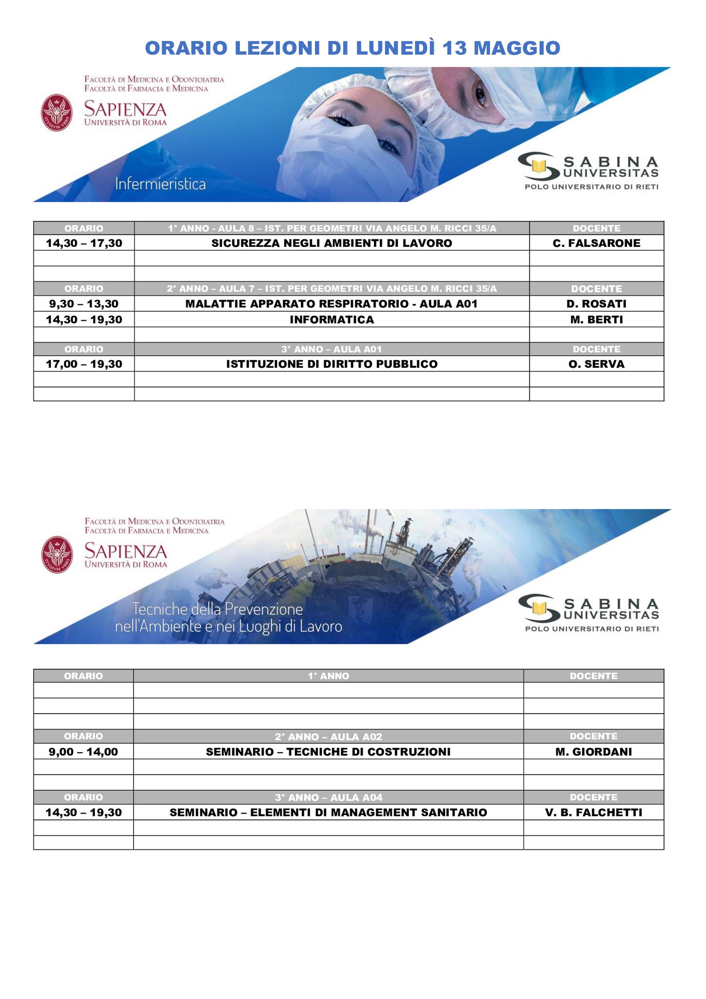 Professioni Sanitarie: orario lezioni di lunedì 13 maggio