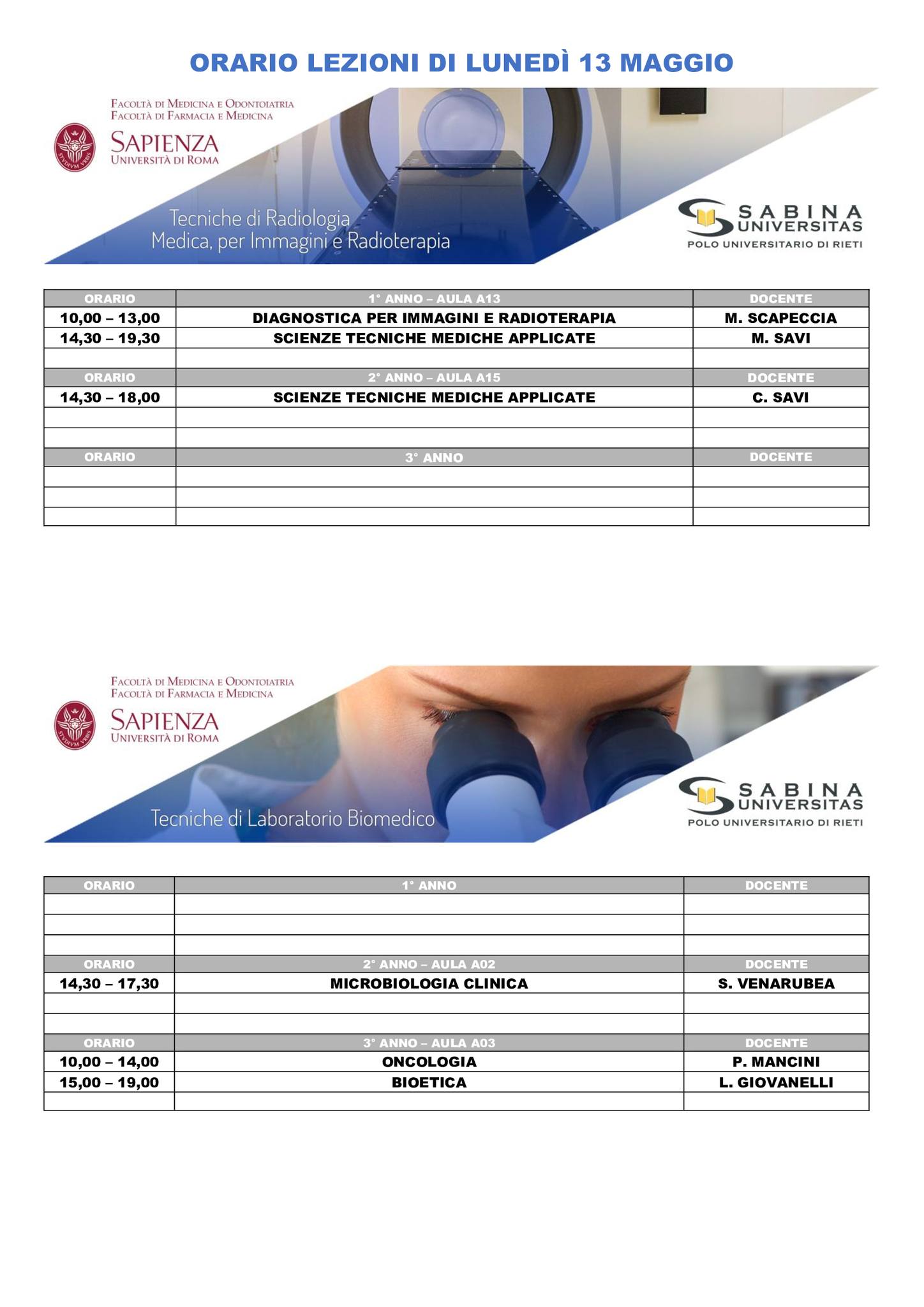Professioni Sanitarie: orario lezioni di lunedì 13 maggio