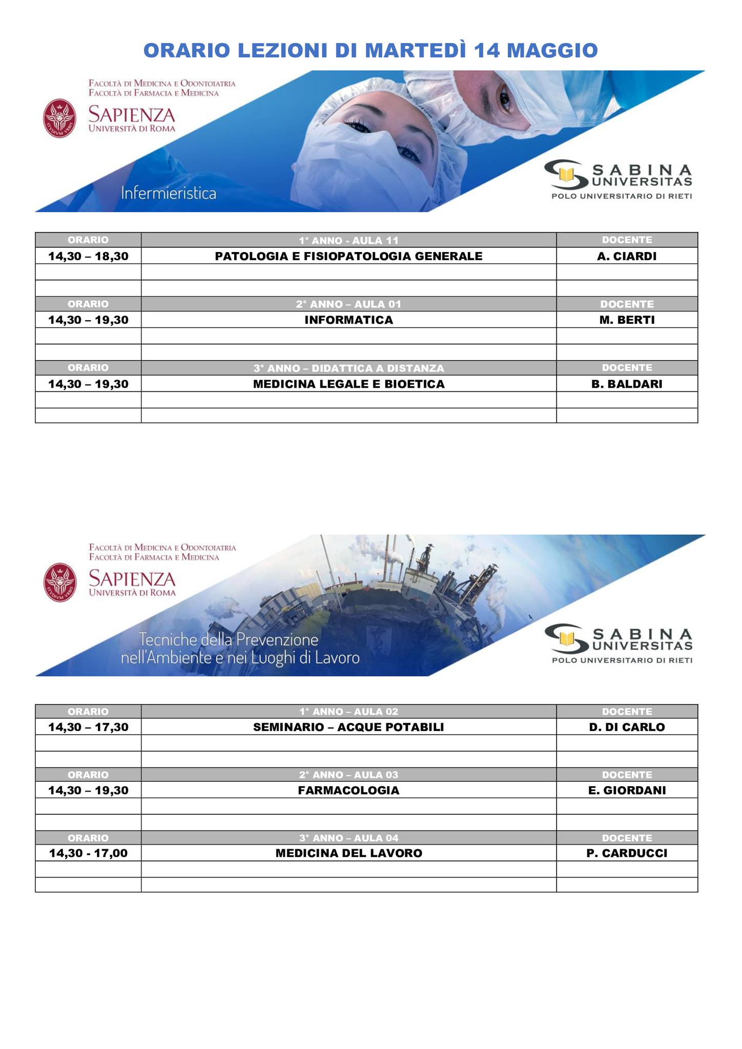 Professioni Sanitarie: orario lezioni di martedì 14 maggio