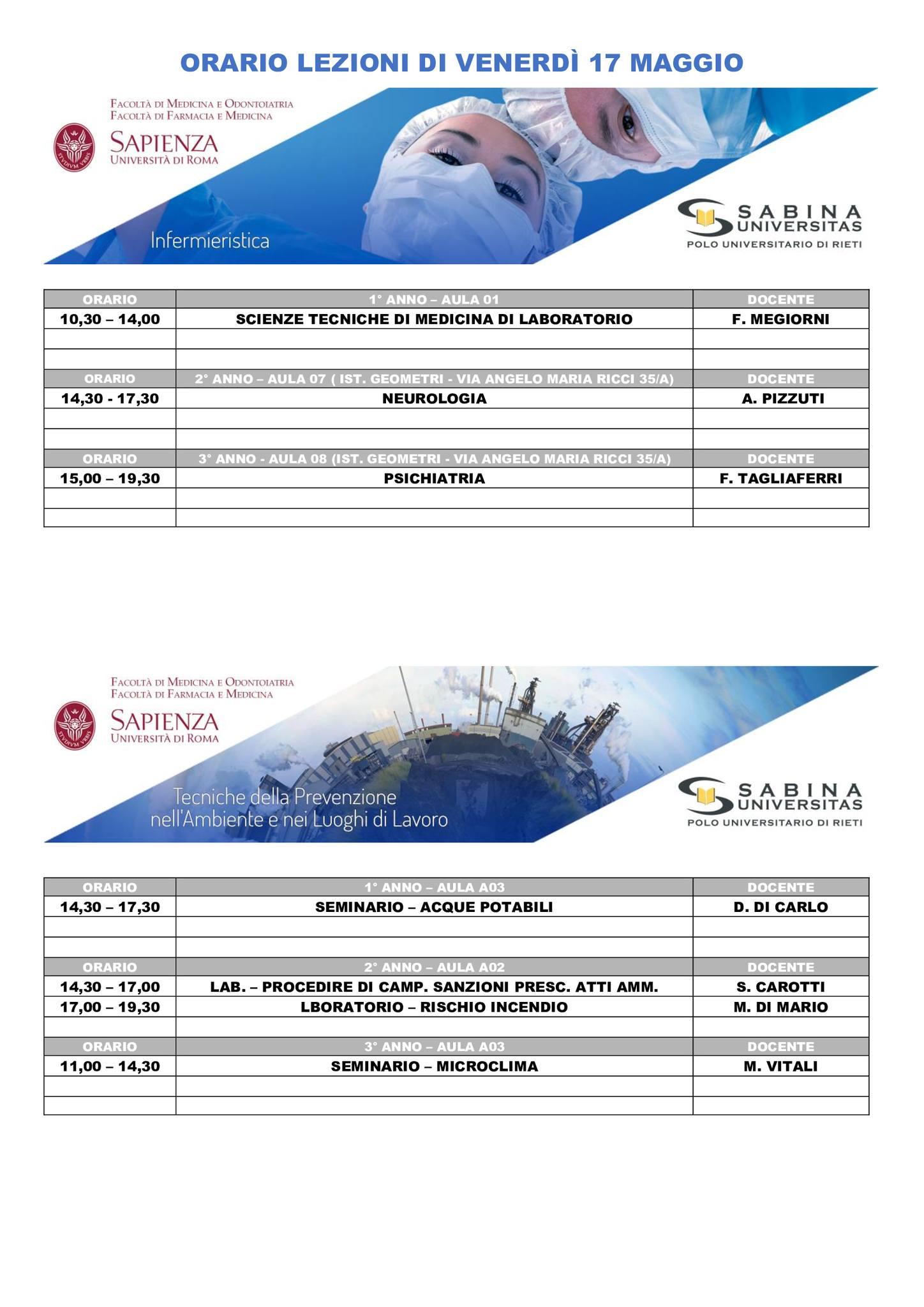 Professioni Sanitarie: orario lezioni di venerdì 17 maggio