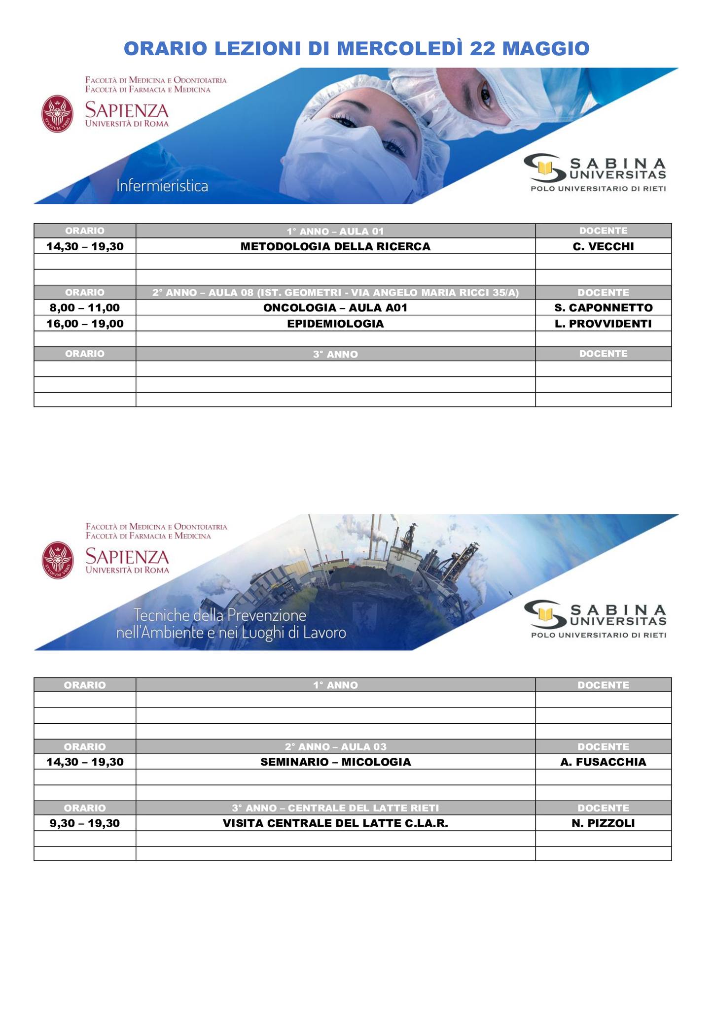 Professioni Sanitarie: orario lezioni di mercoledì 22 maggio