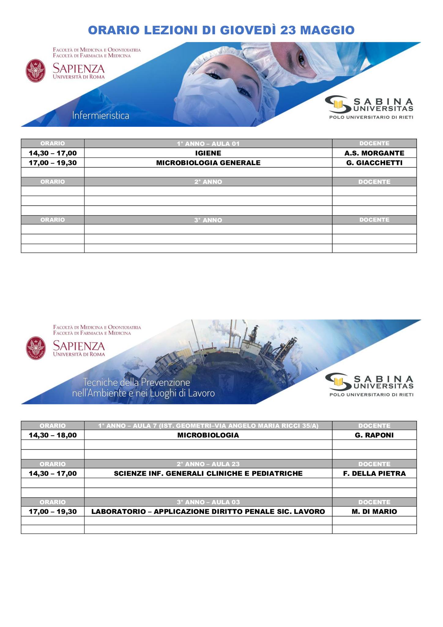 Professioni Sanitarie: orario lezioni di giovedì 23 maggio